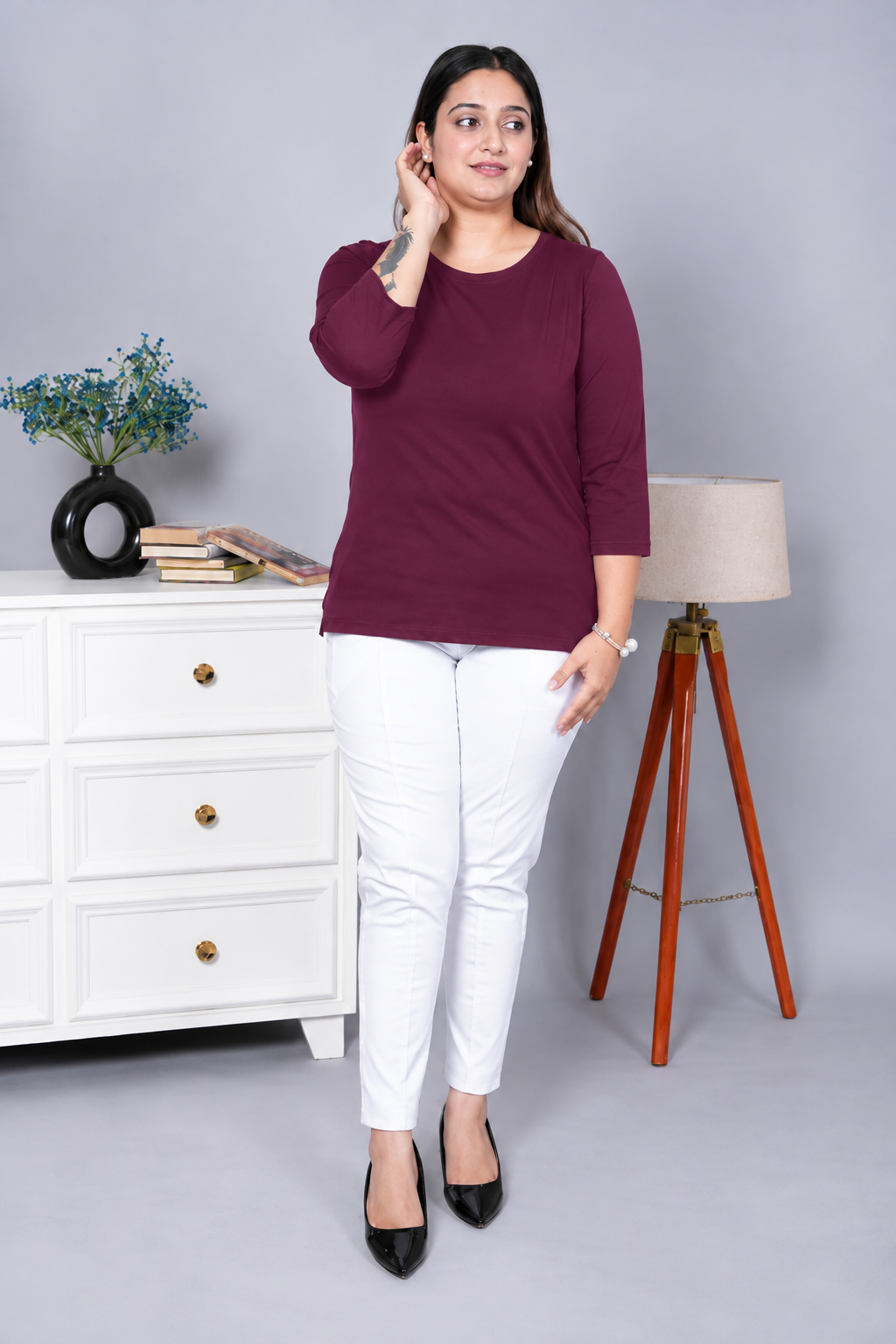 Plum Round Neck Cotton Lycra 3/4 Sleeve T Shirt