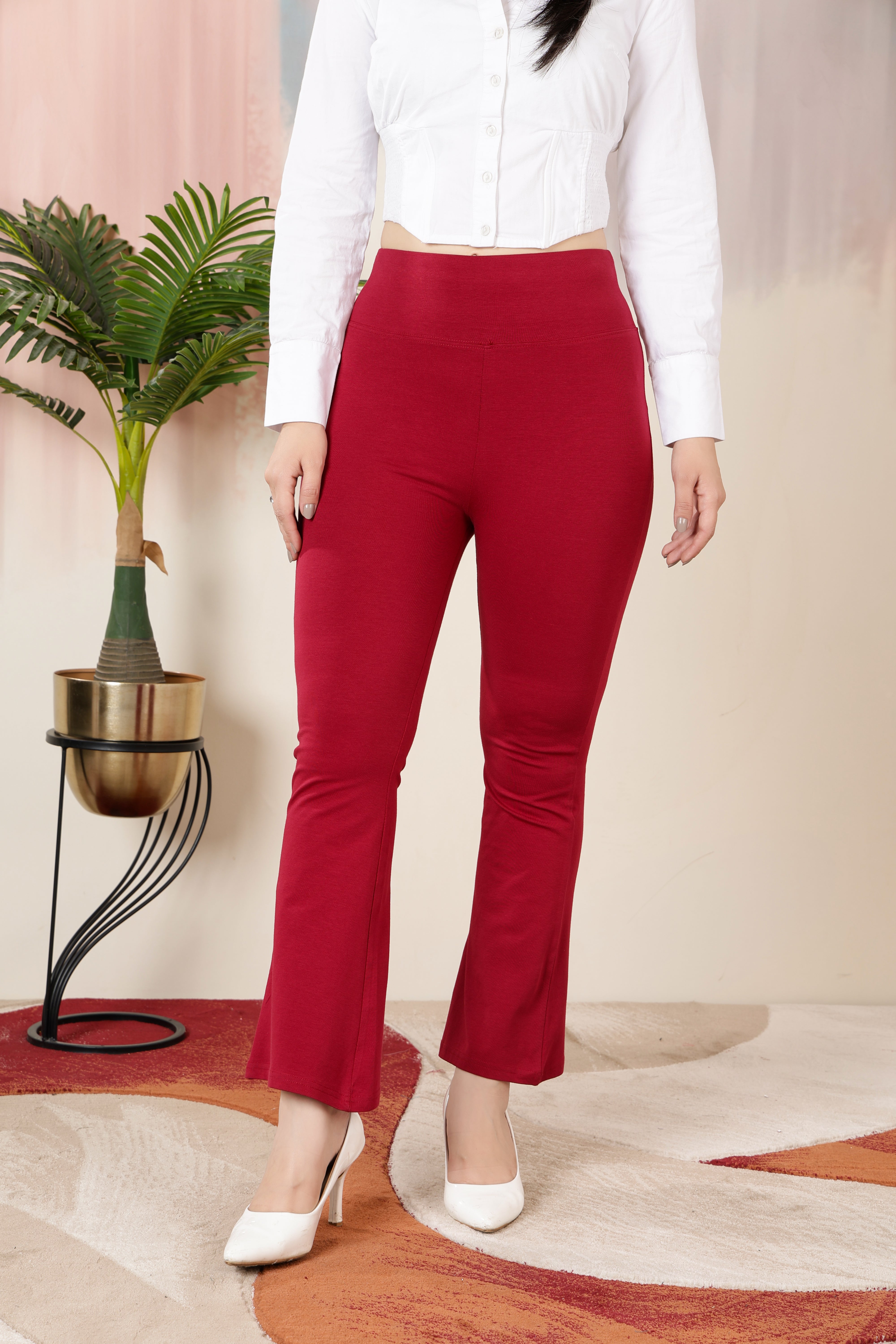 Mehroon stretchable biowash cotton lycra flare legging with superior elastic belt.