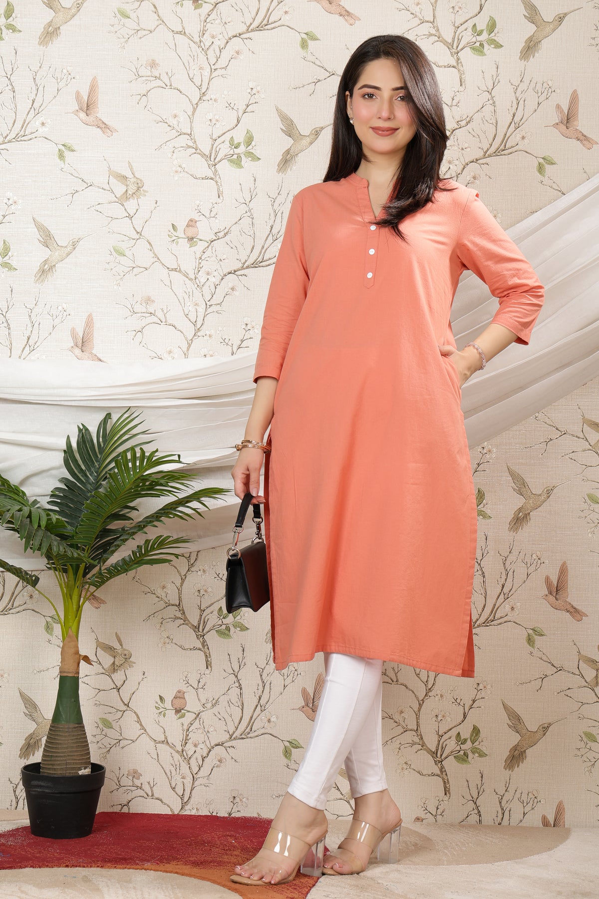 Peach 100% Premium Cotton Long Kurta