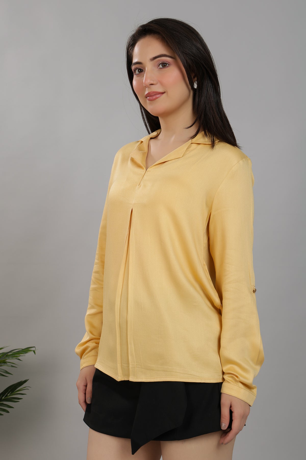 Beige Lapel collar satin top