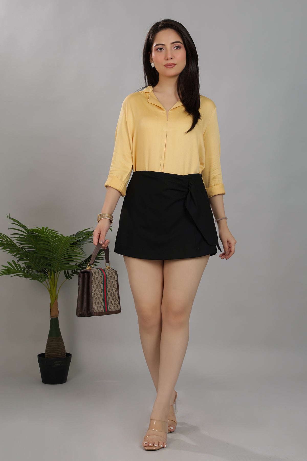 Beige Lapel collar satin top