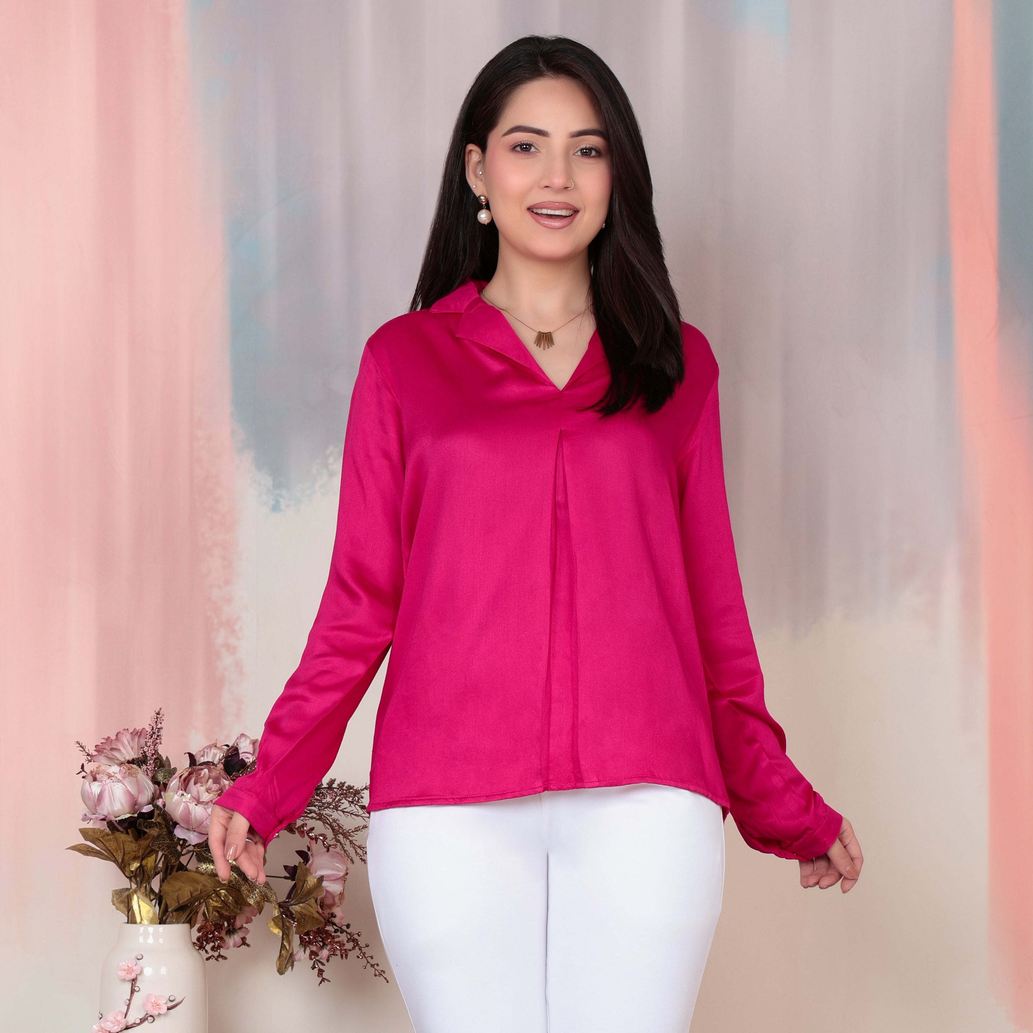 Magenta Lapel collar satin top