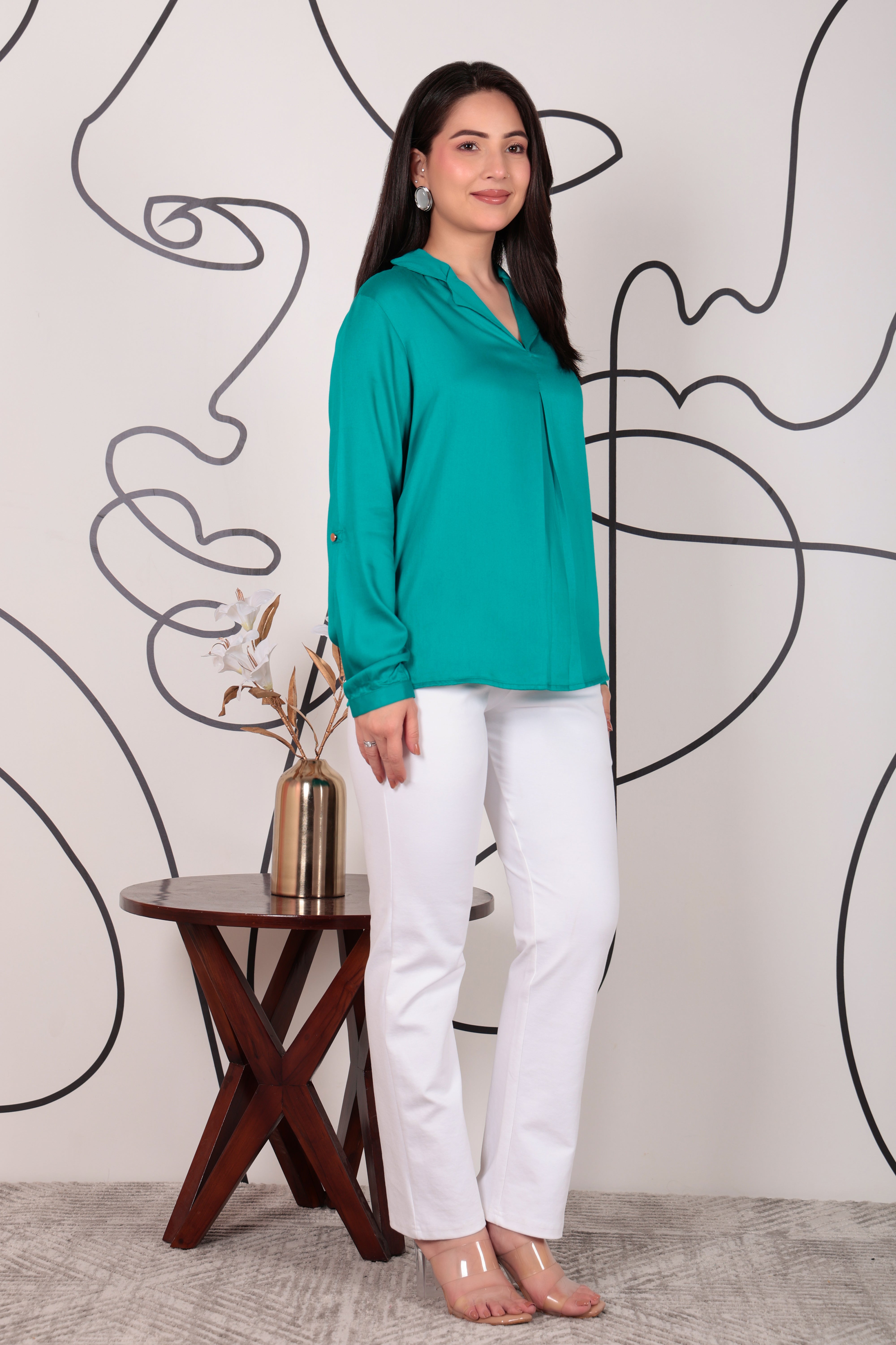 Teal Lapel collar satin top