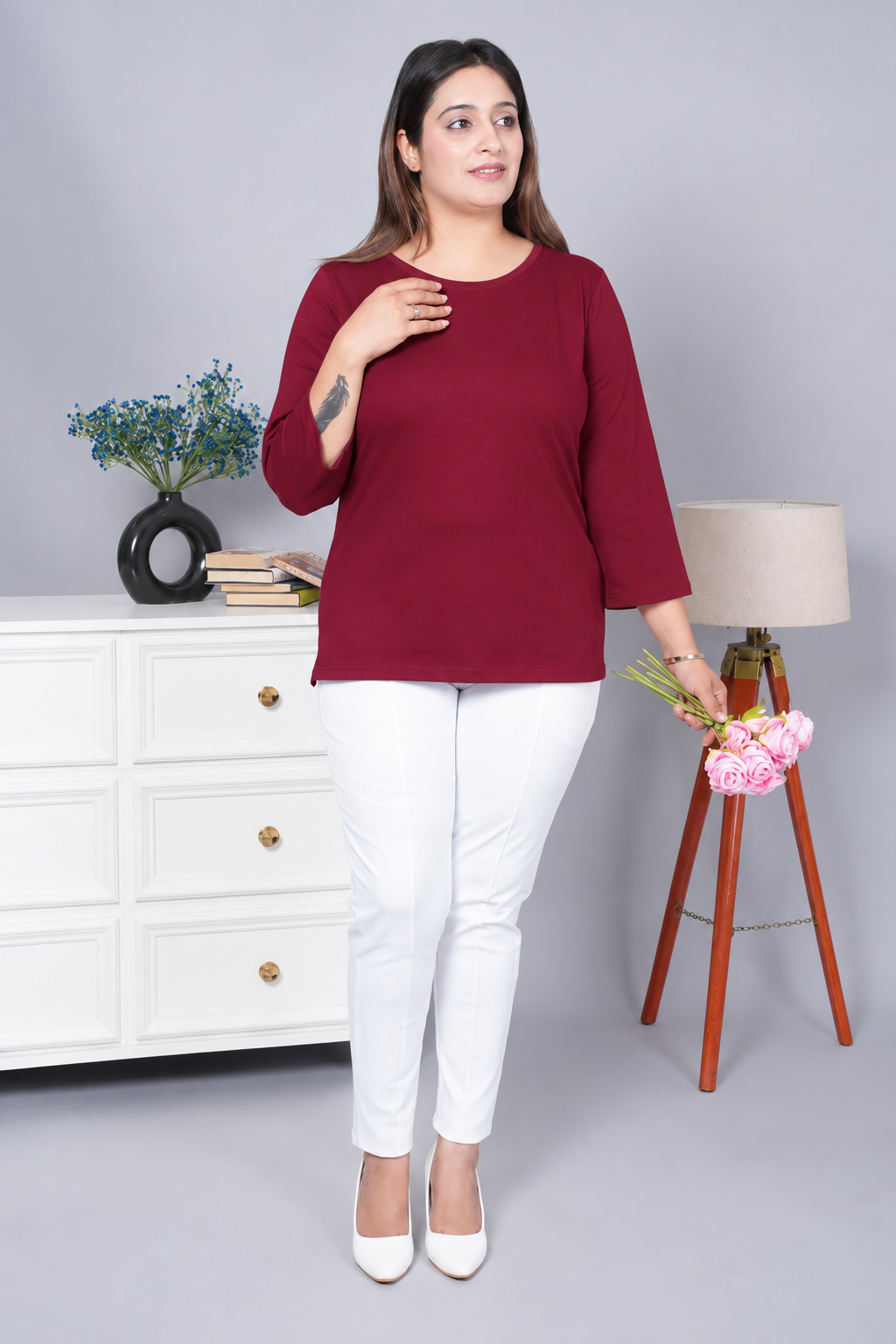 Wine Round Neck Cotton Lycra 3/4 Sleeve T Shirt
