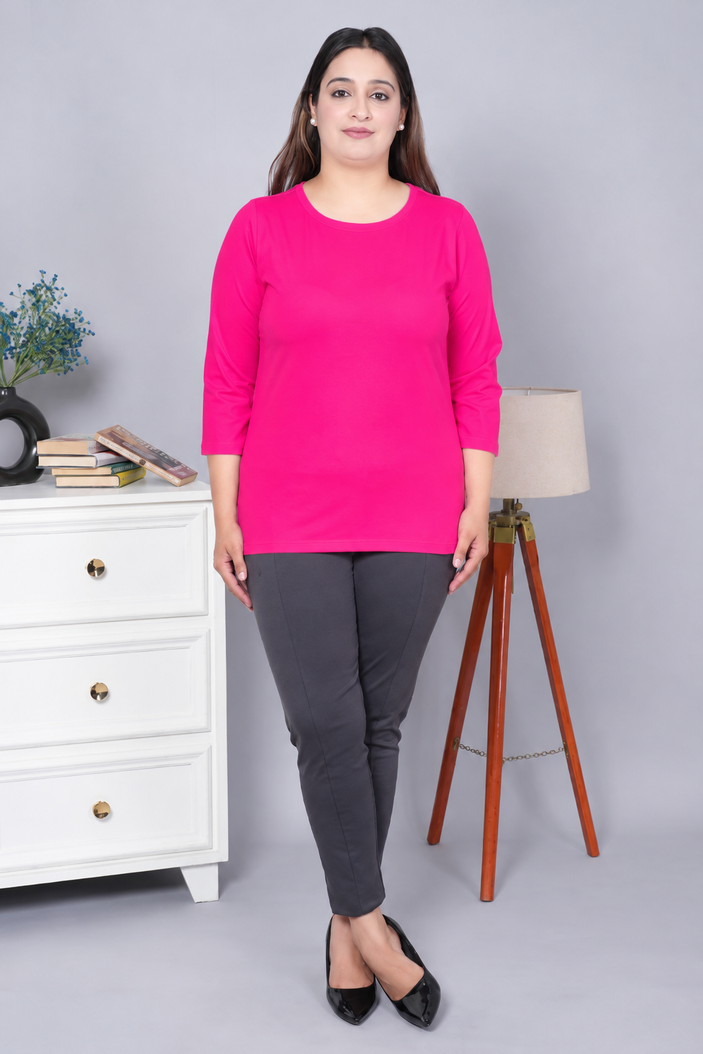 Fuchsia Round Neck Cotton Lycra 3/4 Sleeve T Shirt