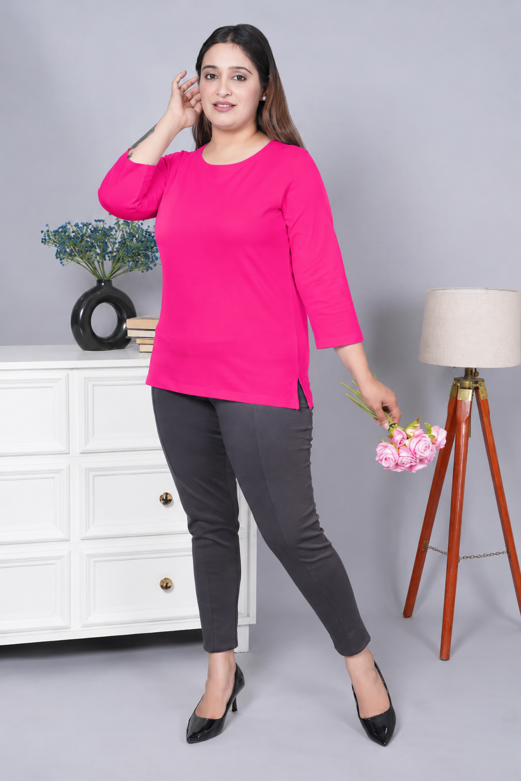 Fuchsia Round Neck Cotton Lycra 3/4 Sleeve T Shirt