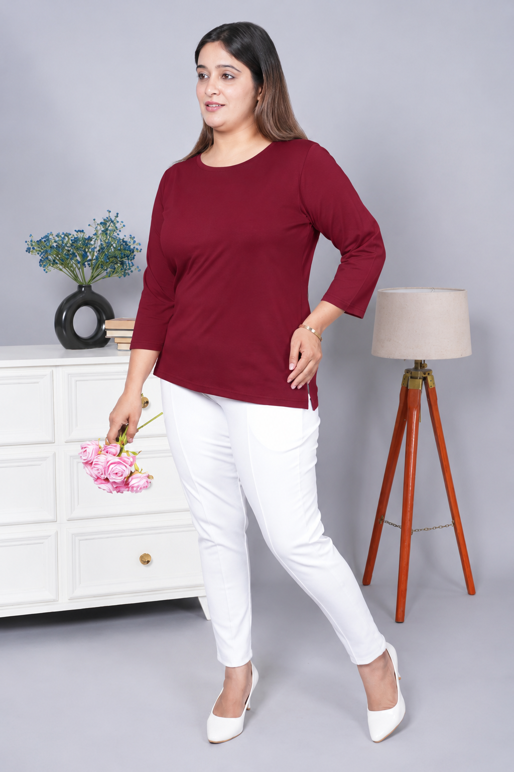 Wine Round Neck Cotton Lycra 3/4 Sleeve T Shirt