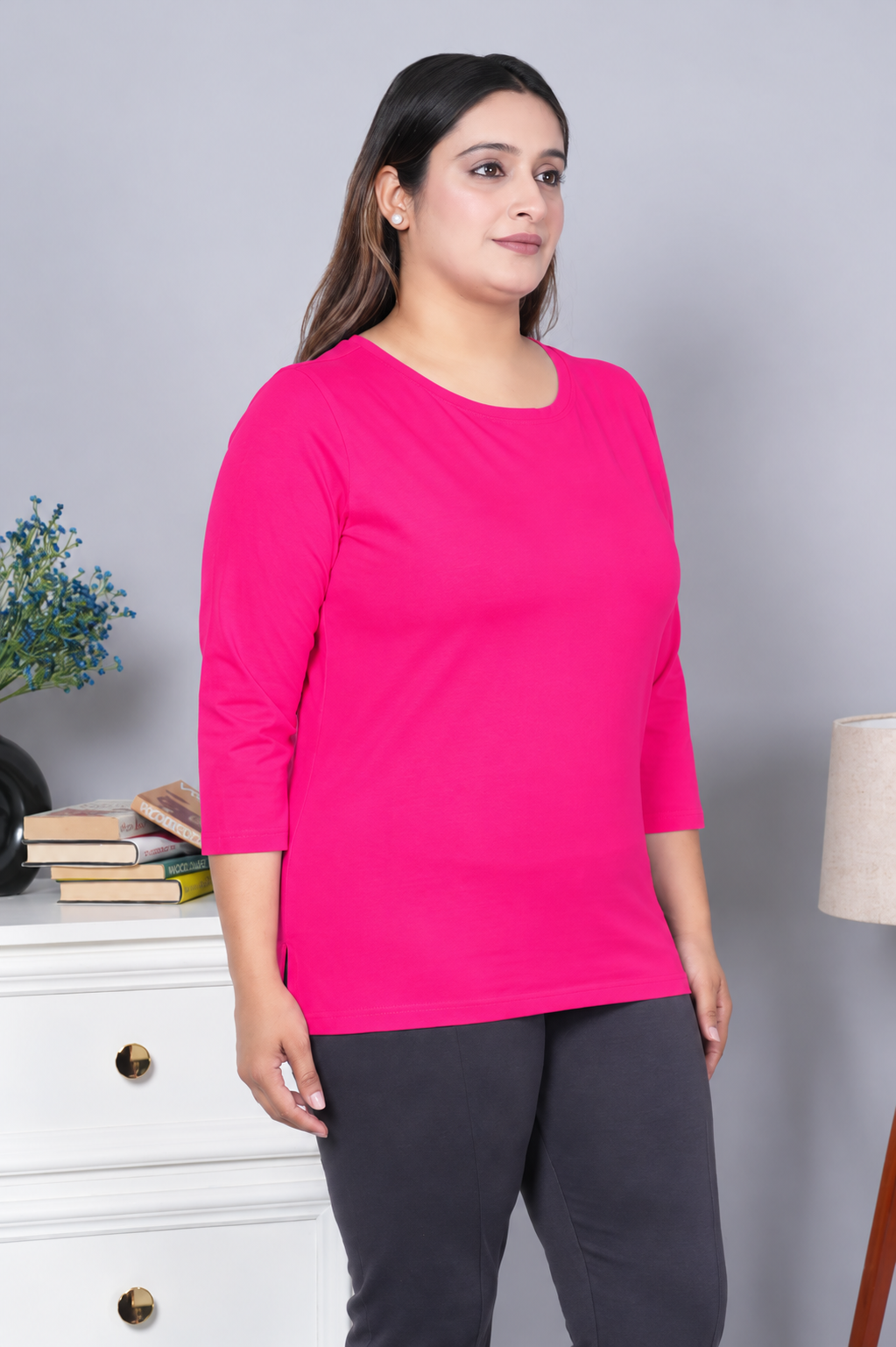Fuchsia Round Neck Cotton Lycra 3/4 Sleeve T Shirt