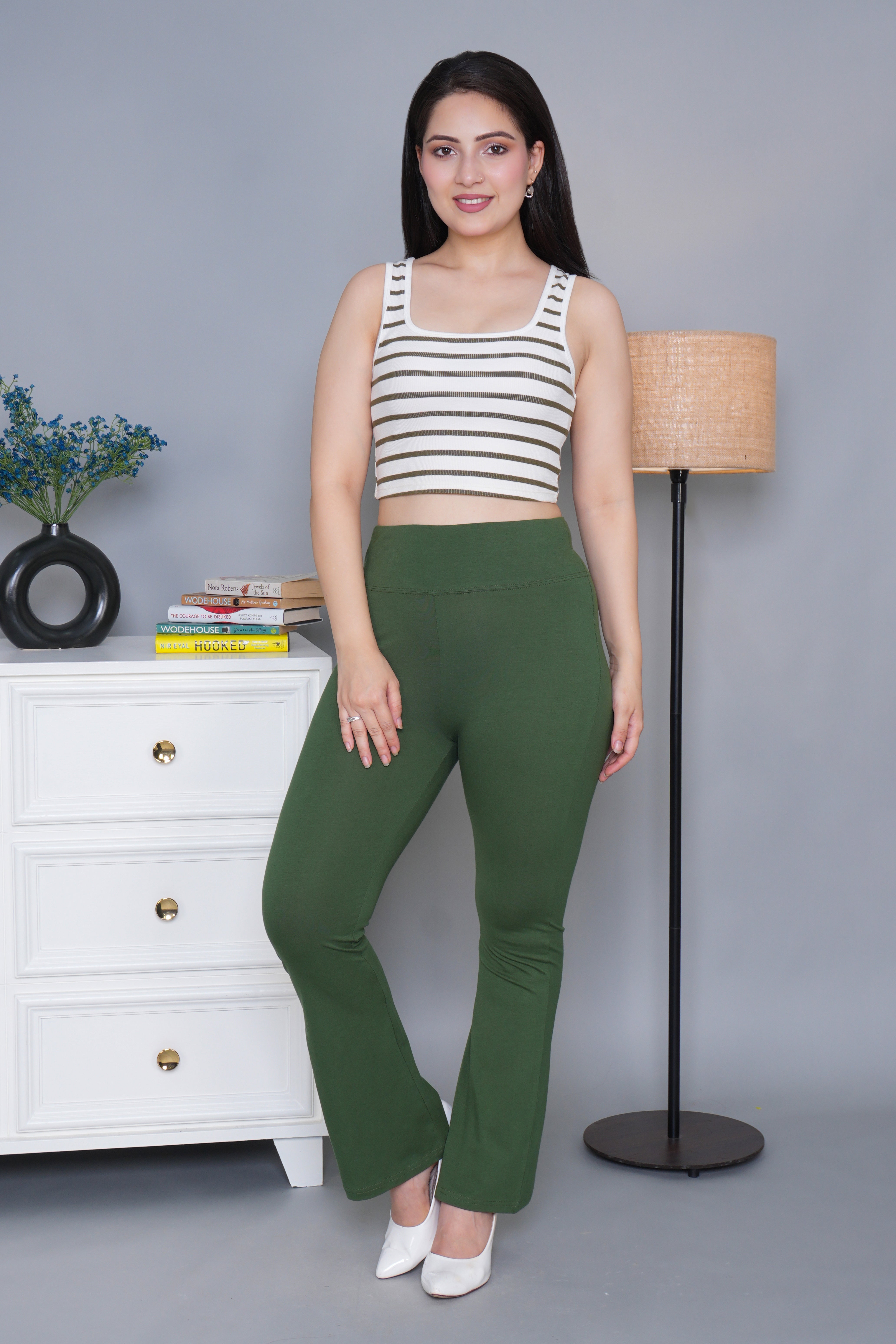Olive stretchable biowash cotton lycra flare legging with superior elastic belt.