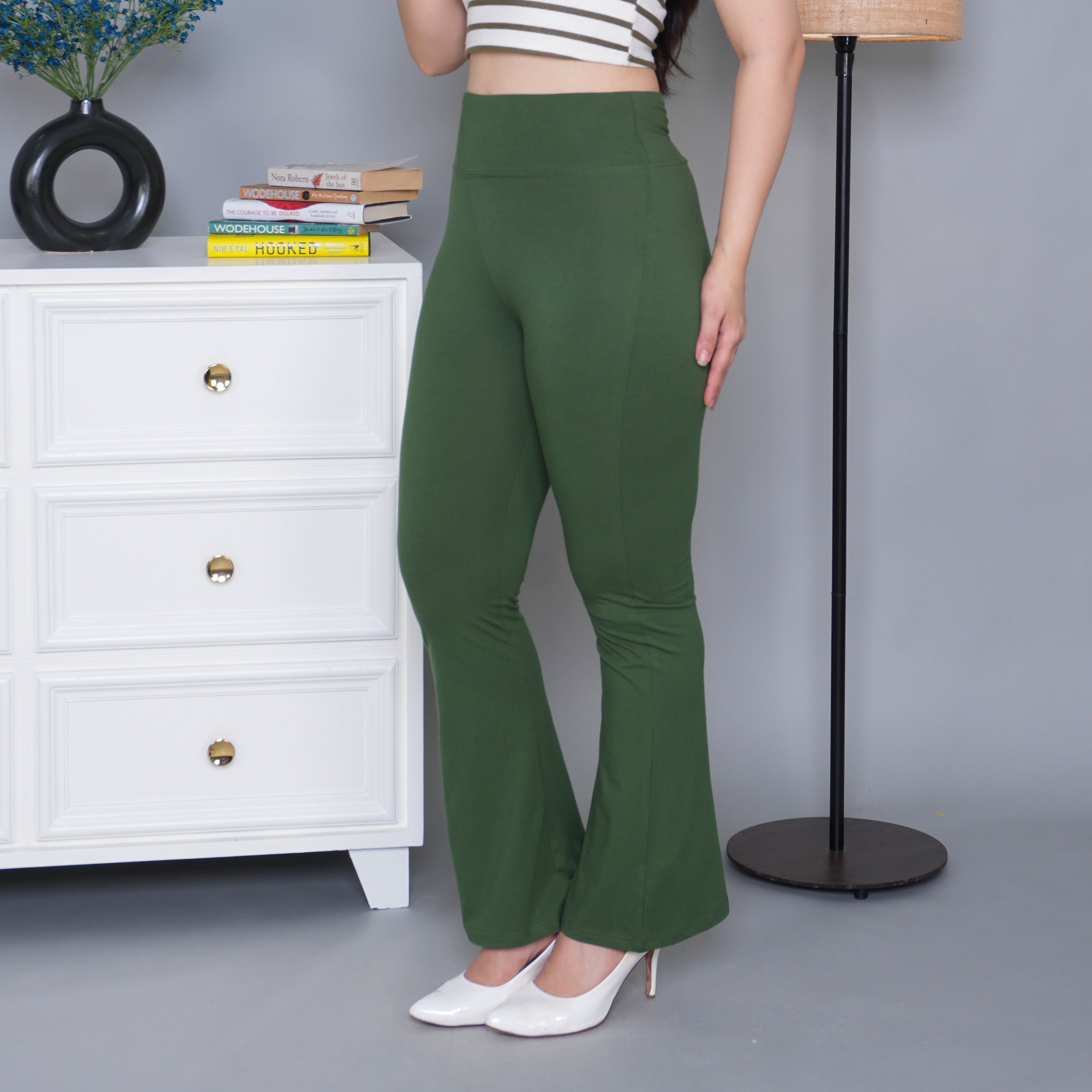 Olive stretchable biowash cotton lycra flare legging with superior elastic belt.