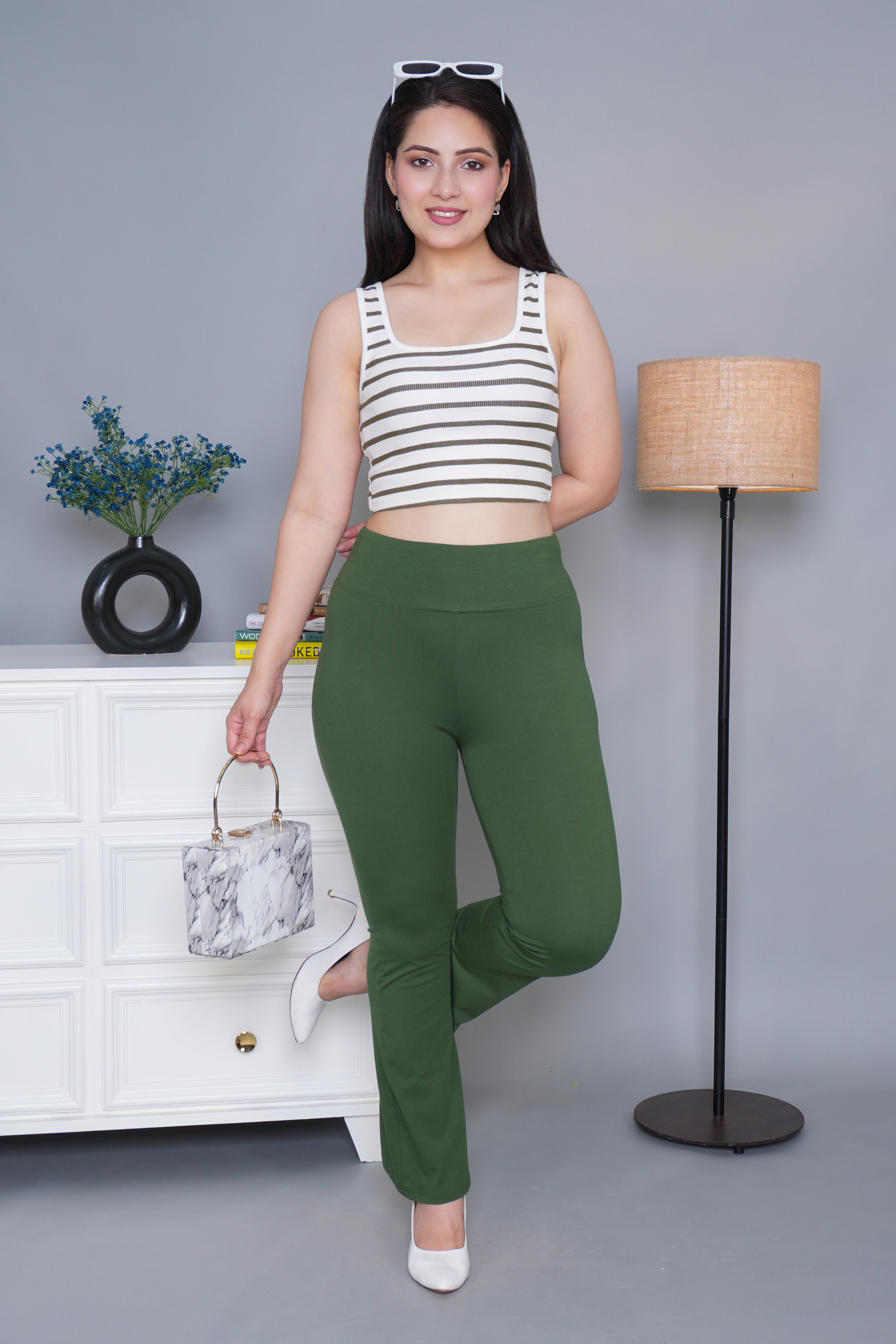 Olive stretchable biowash cotton lycra flare legging with superior elastic belt.