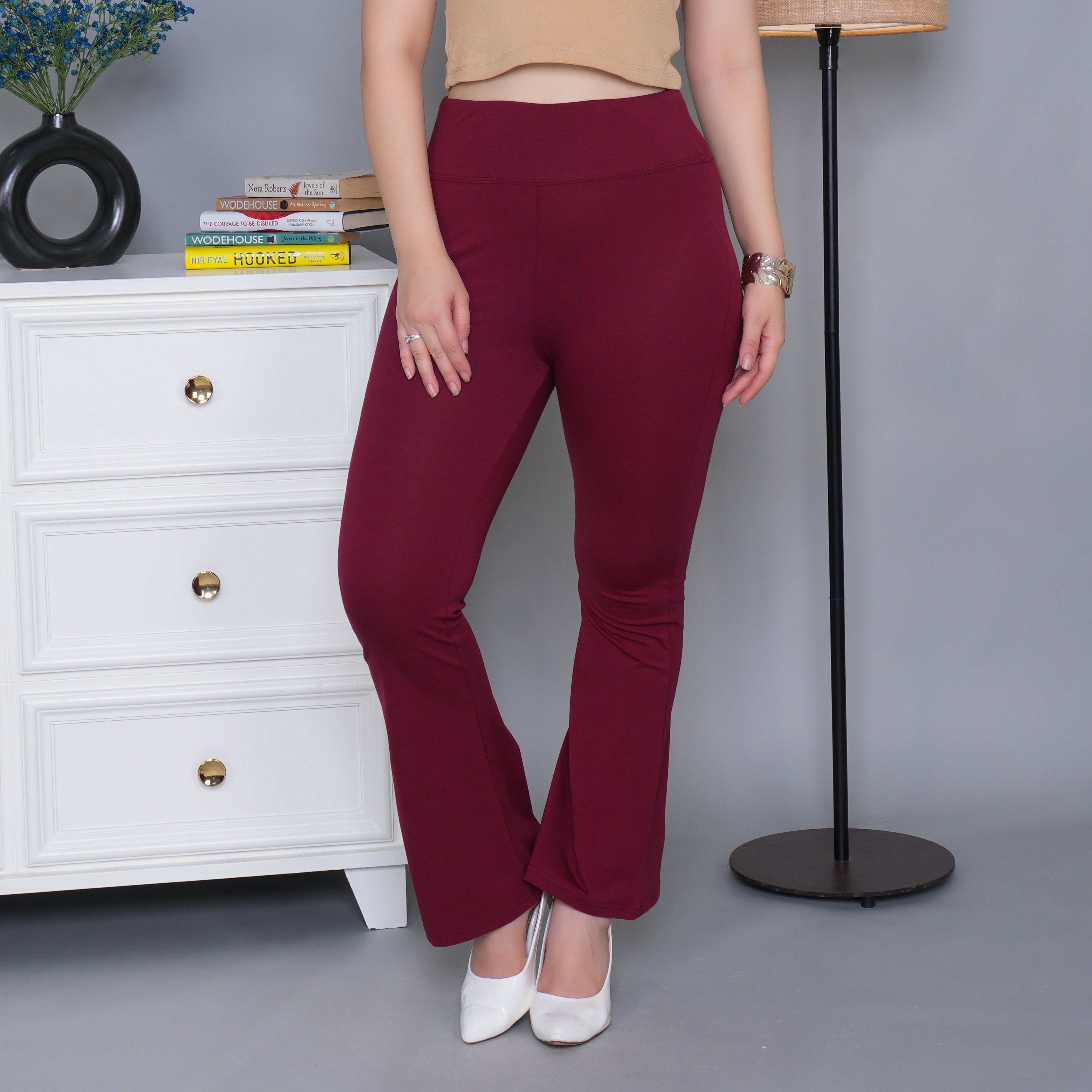 Wine stretchable biowash cotton lycra flare legging with superior elastic belt.