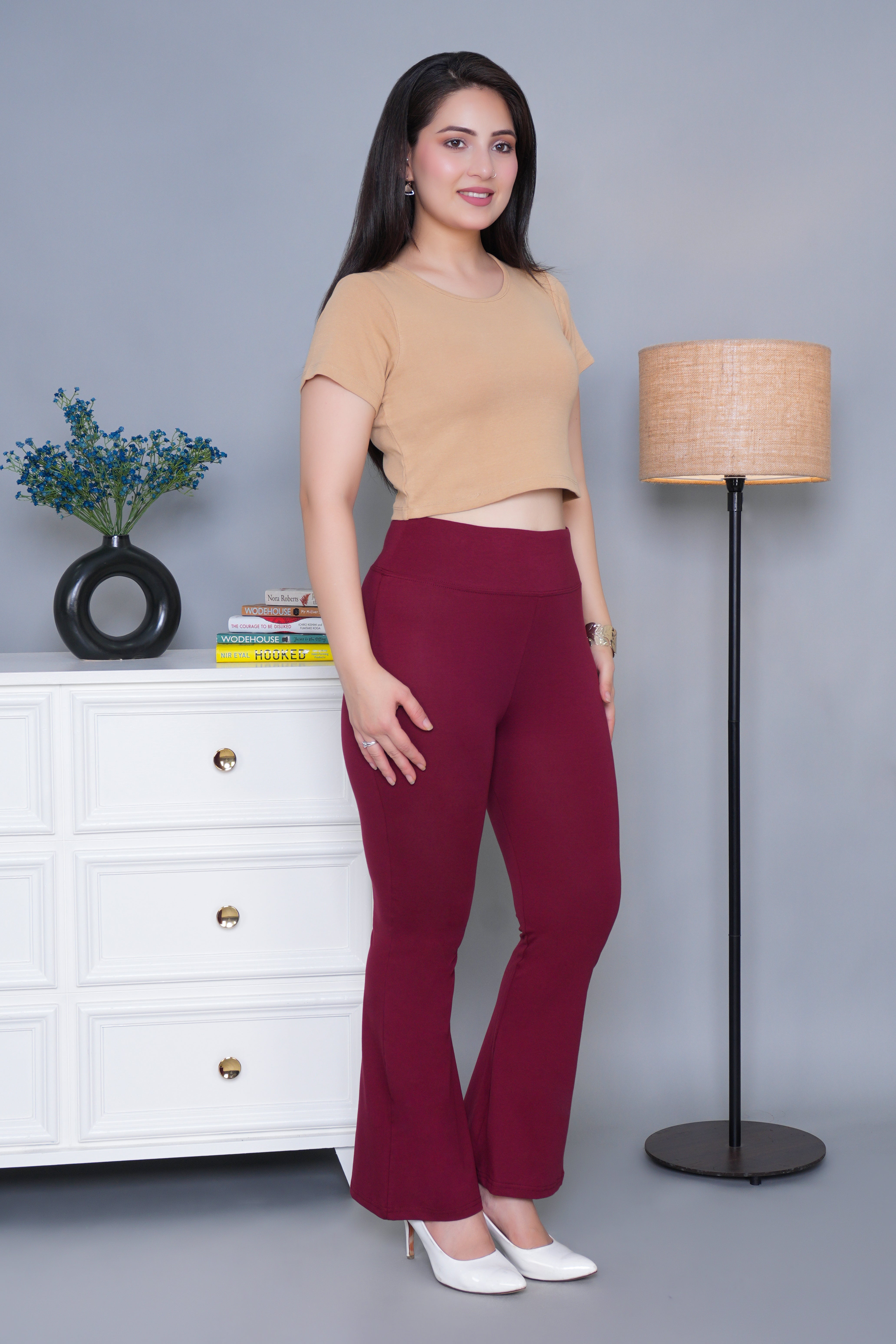 Wine stretchable biowash cotton lycra flare legging with superior elastic belt.