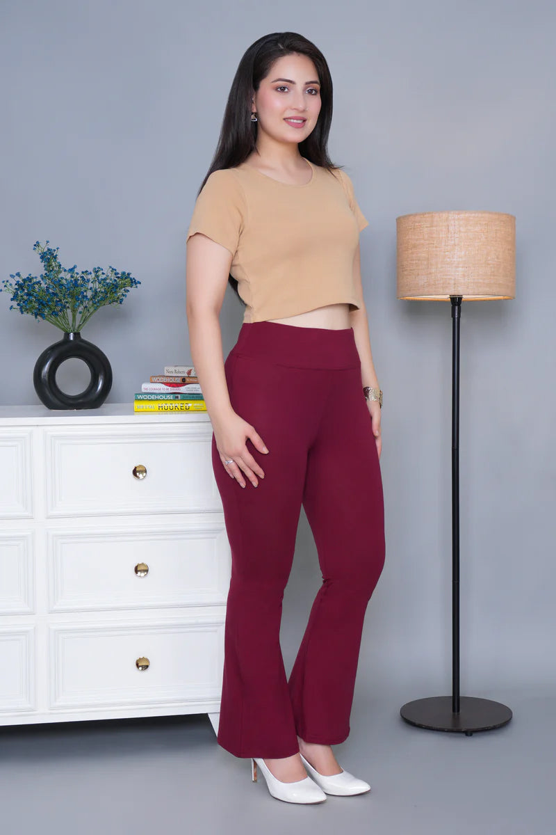 Wine stretchable biowash cotton lycra flare legging with superior elastic belt.