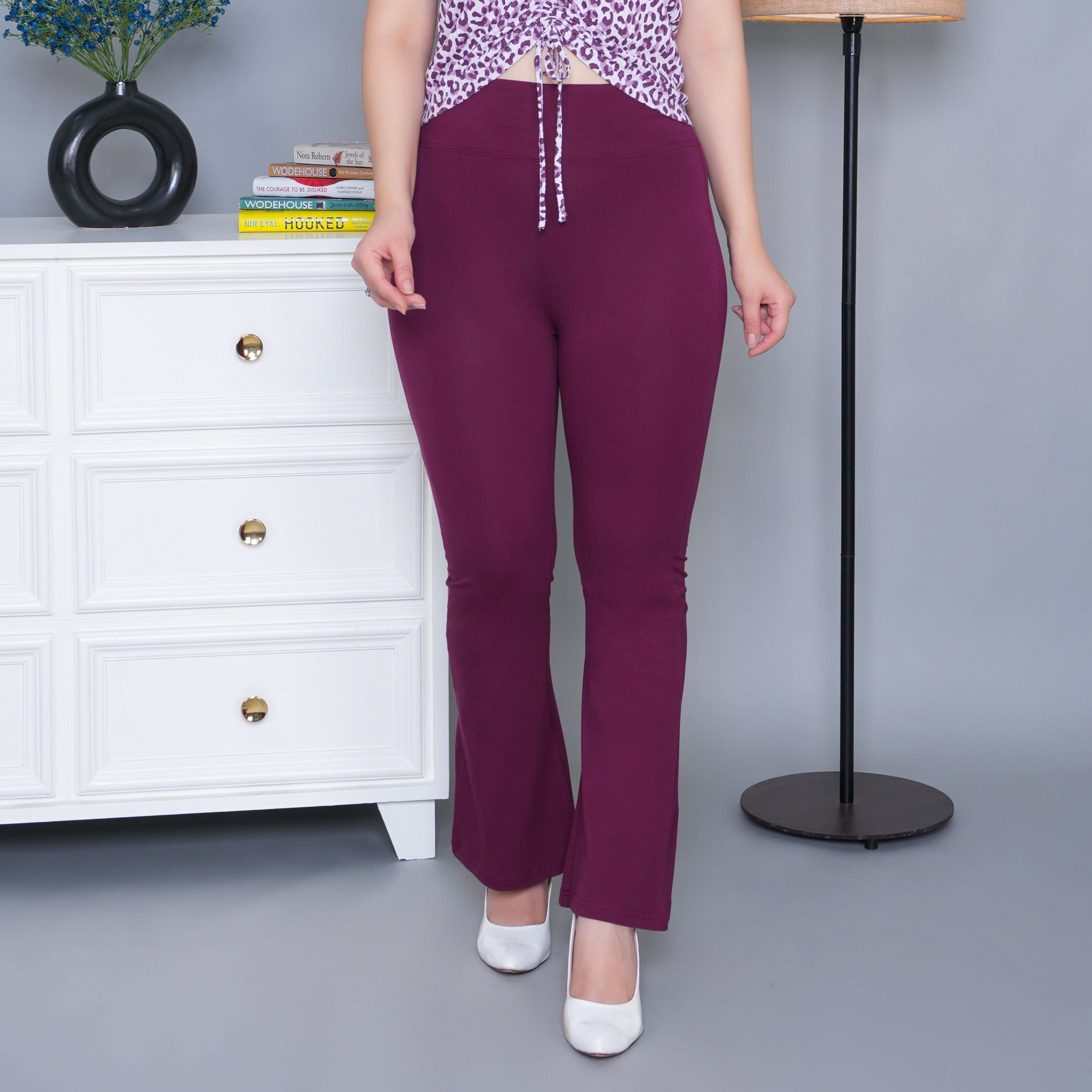 Plum stretchable biowash cotton lycra flare legging with superior elastic belt.
