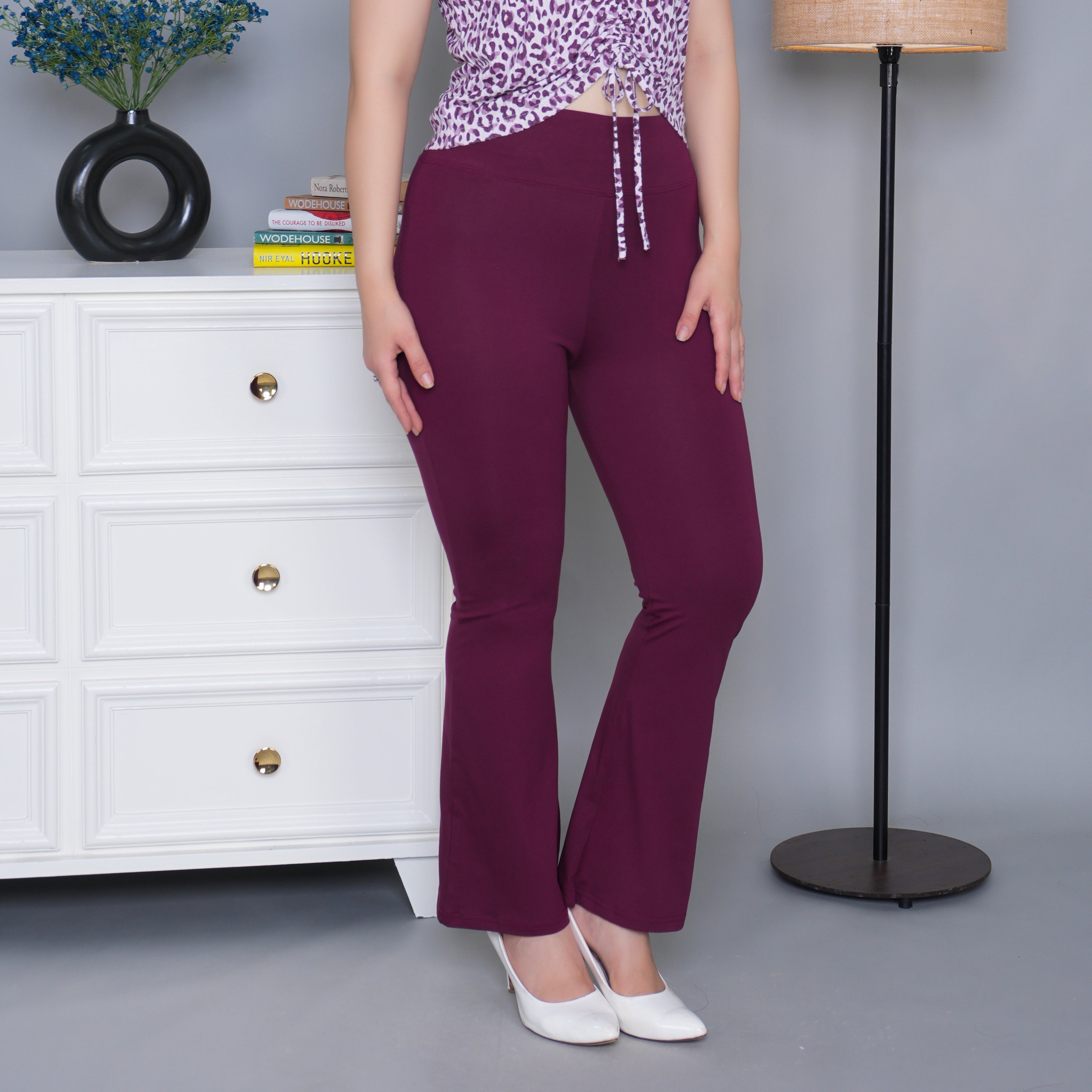 Plum stretchable biowash cotton lycra flare legging with superior elastic belt.