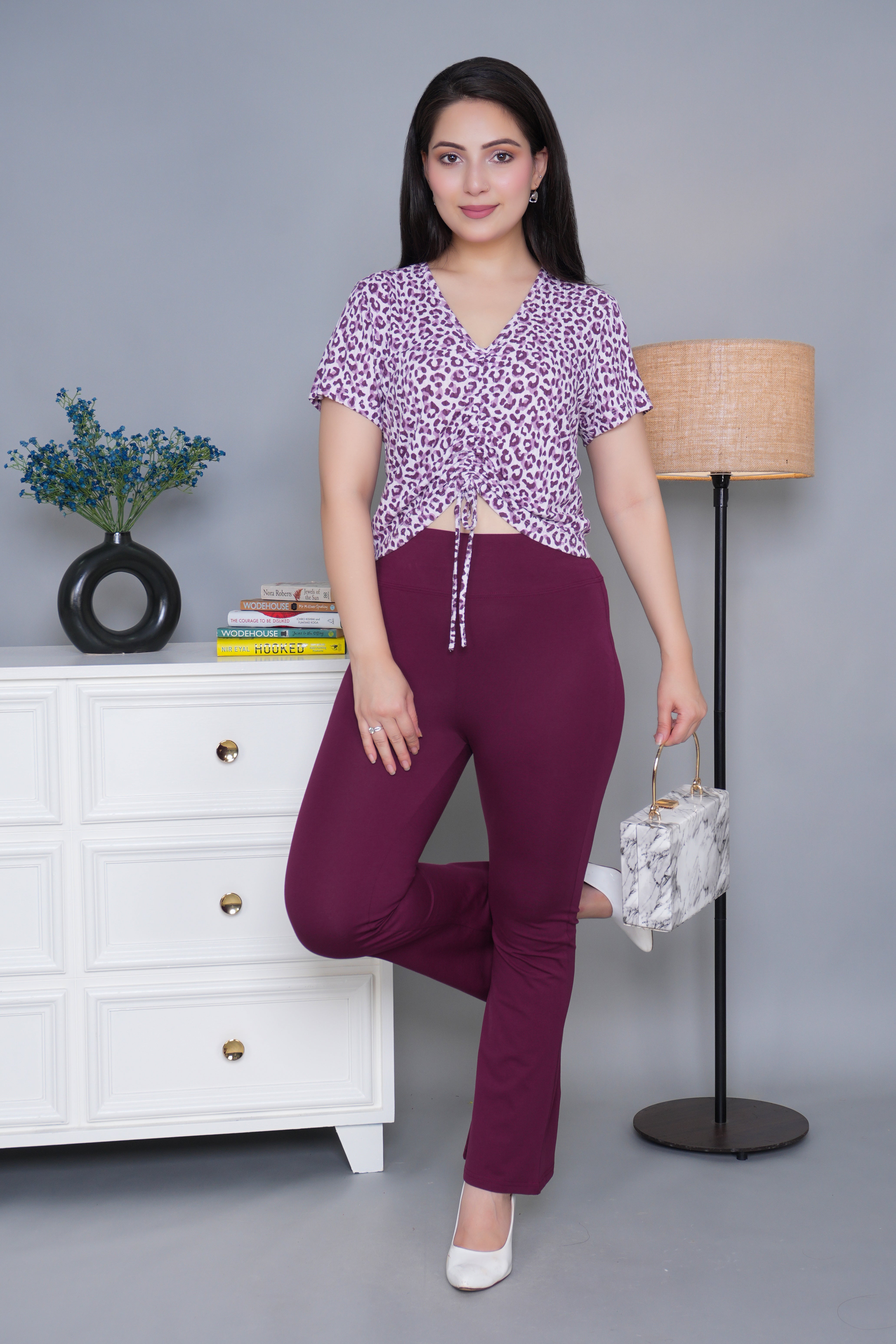 Plum stretchable biowash cotton lycra flare legging with superior elastic belt.