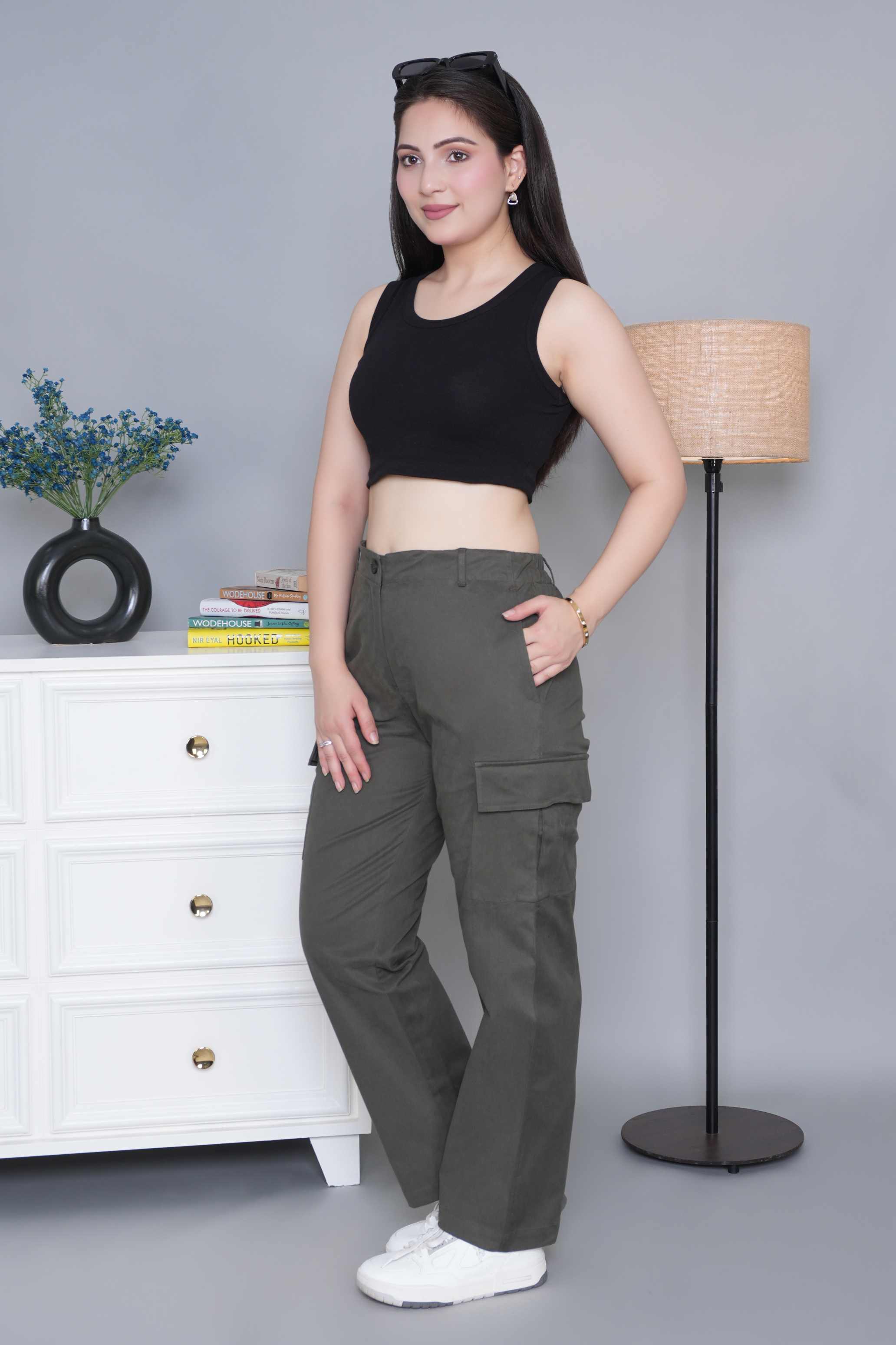 Khakhi green stretchable biowash USA HQ cotton travel cargo pant with superior elastic belt.