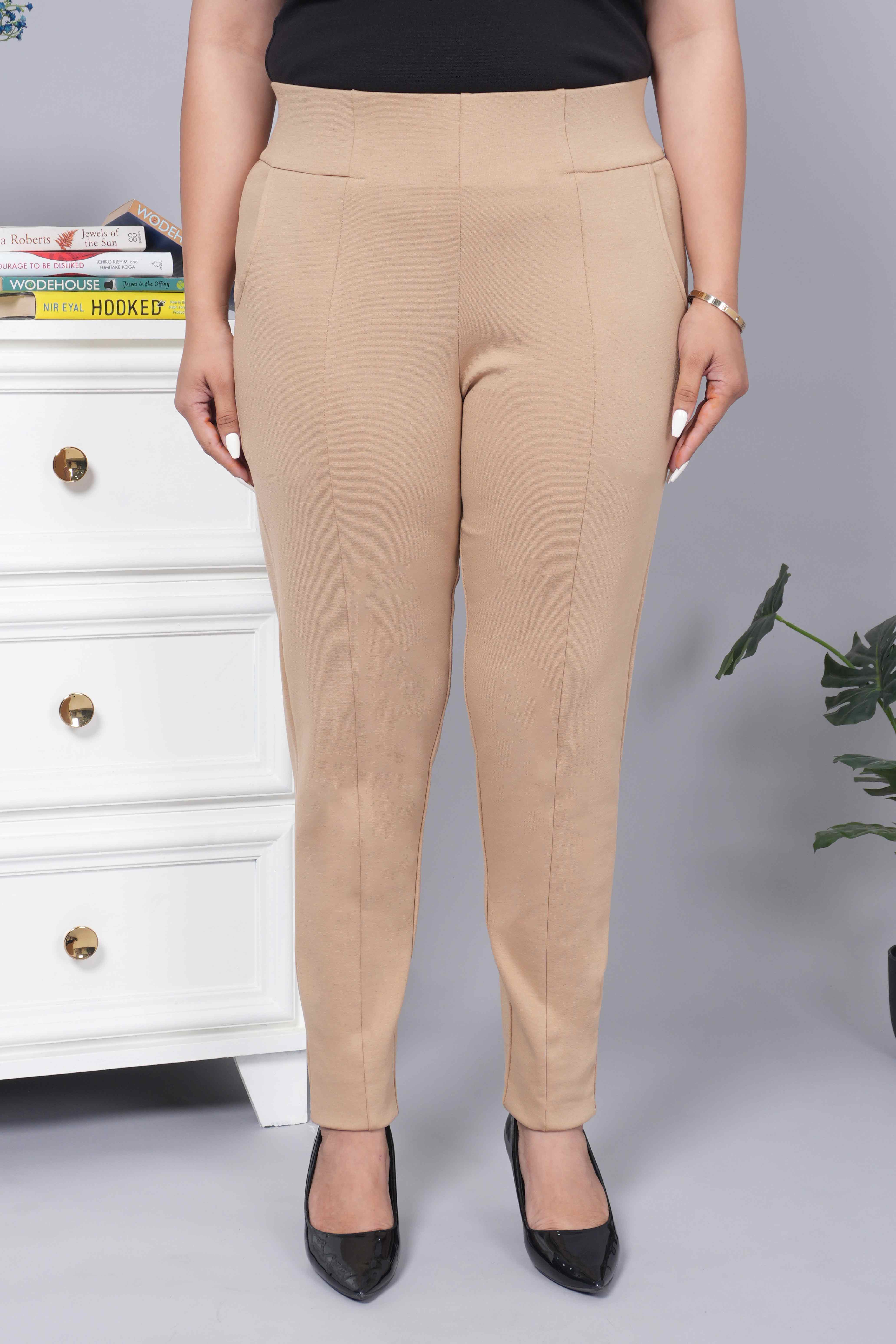 Beige stretchable biowash USA HQ cotton premium jegging pant with pockets & superior elastic belt.
