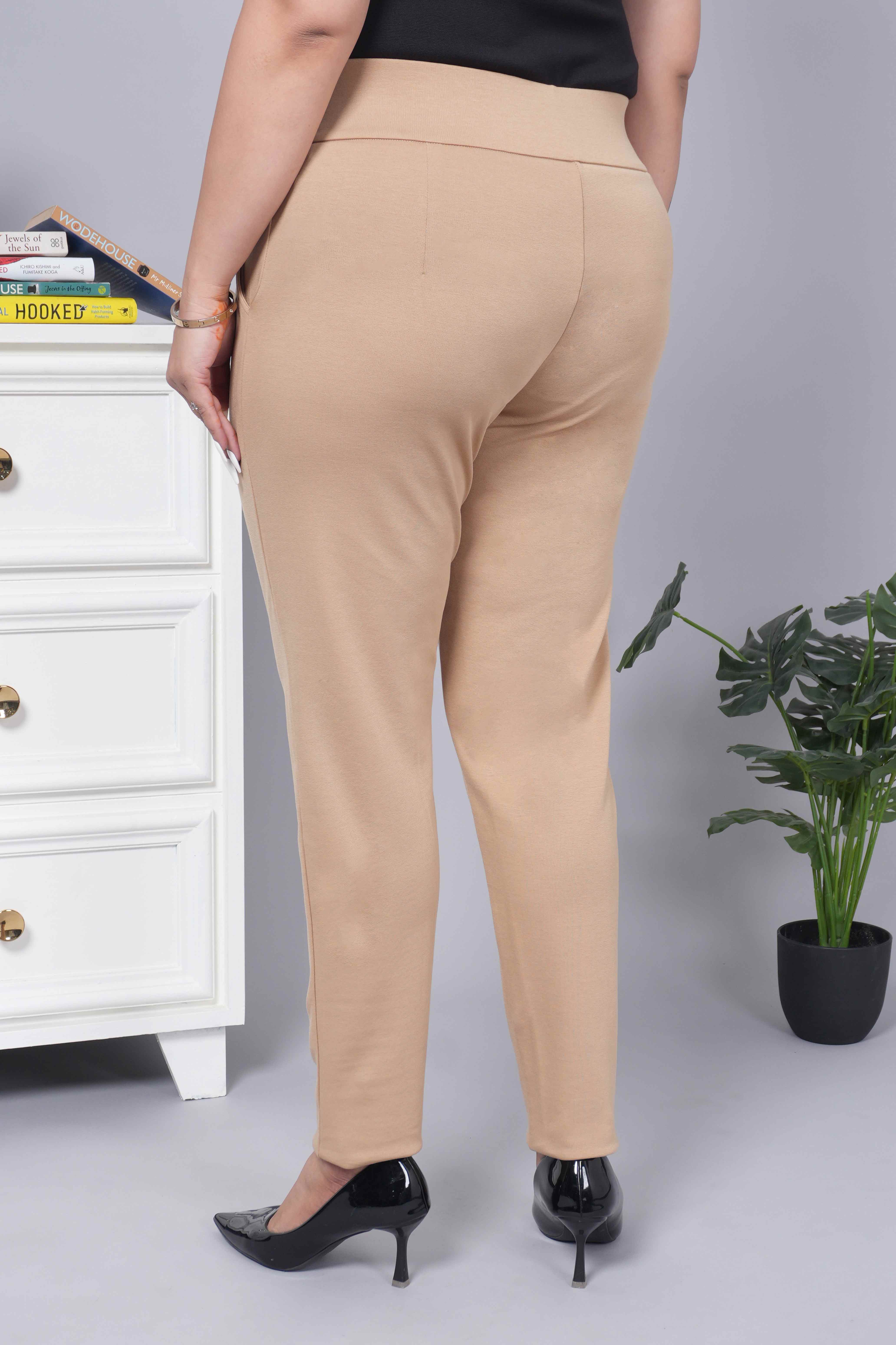 Beige stretchable biowash USA HQ cotton premium jegging pant with pockets & superior elastic belt.
