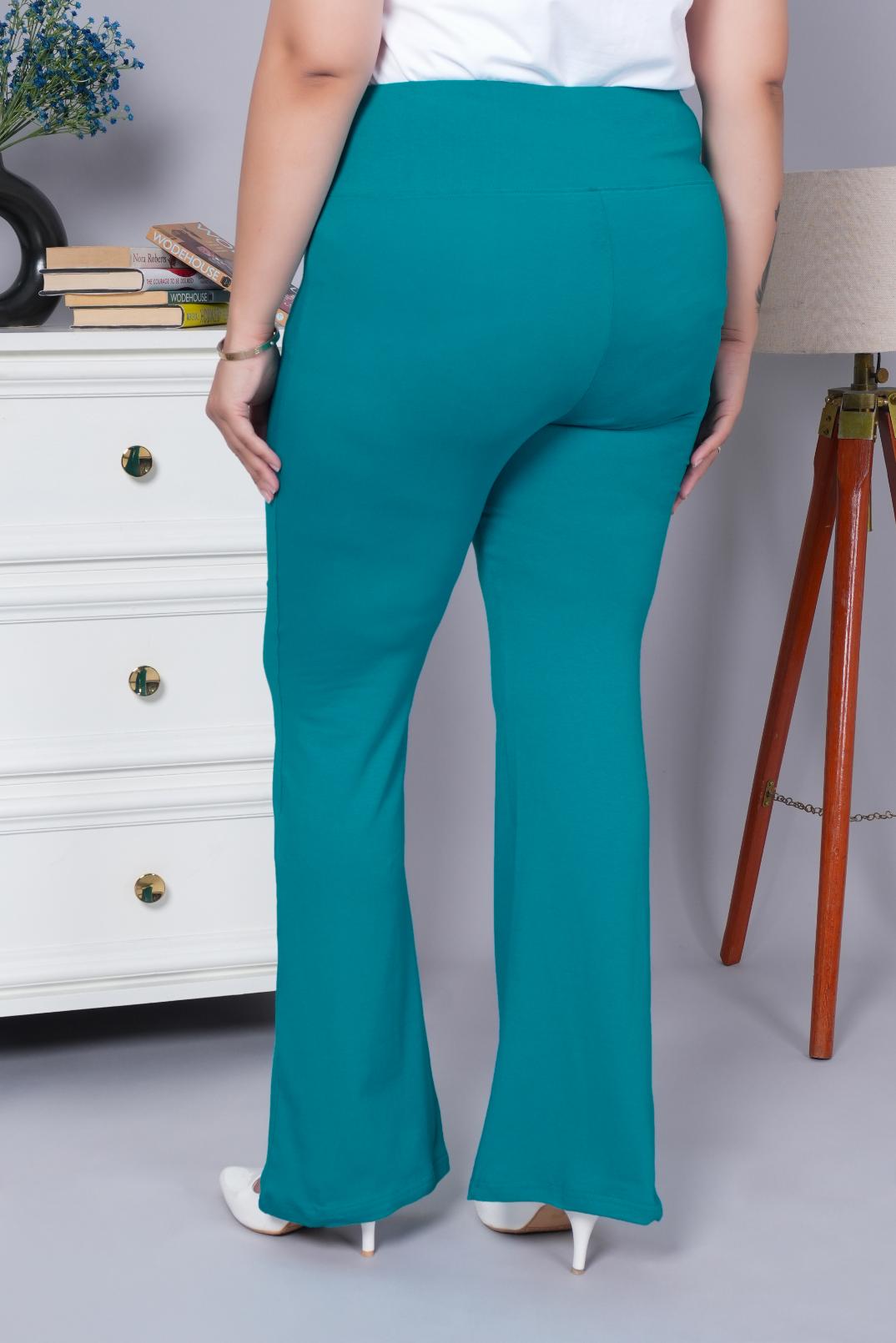 Ramar green stretchable biowash cotton lycra flare legging with superior elastic belt.
