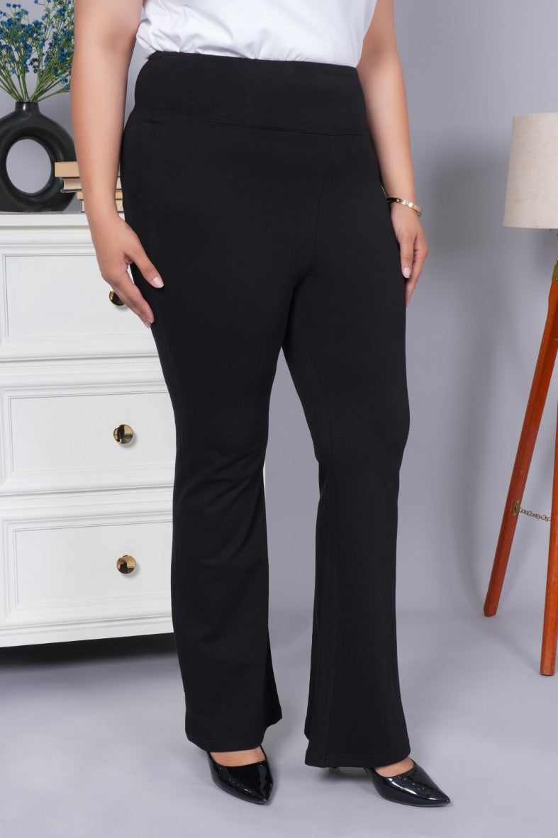 Black stretchable biowash cotton lycra flare legging with superior elastic belt.