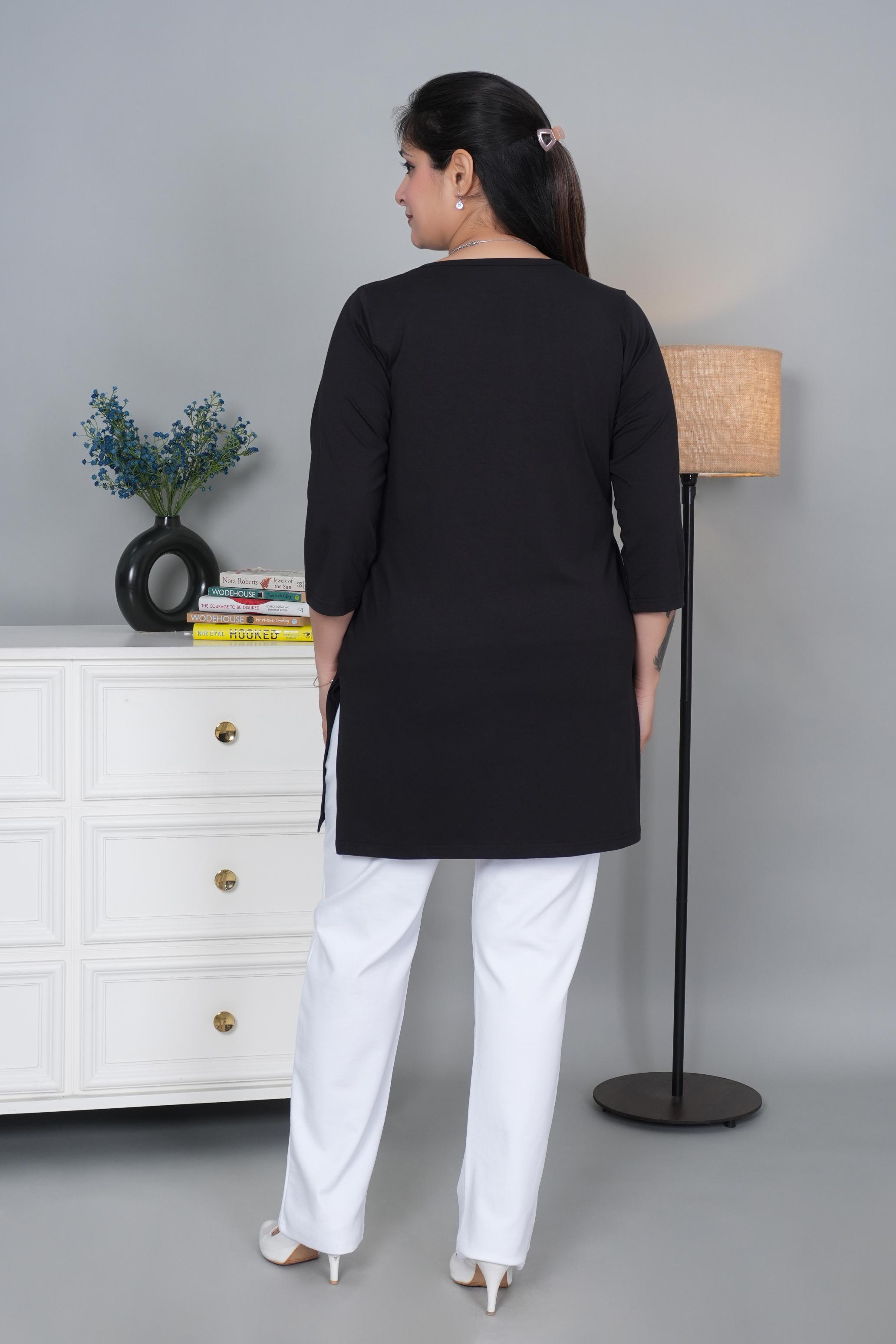 Black long round neck henley cotton lycra t-shirt with pockets