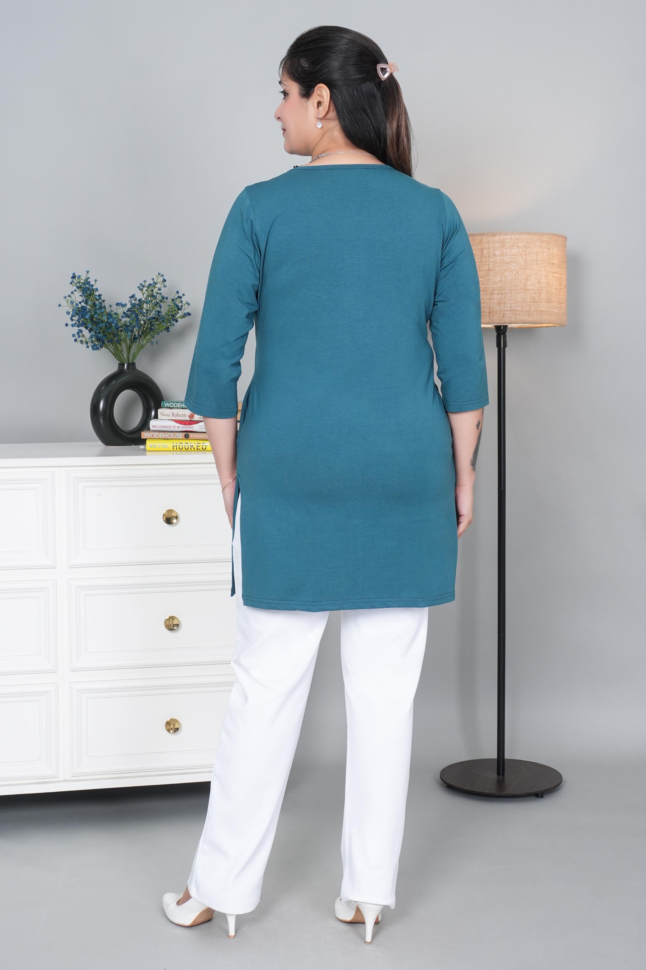 Teal long round neck henley cotton lycra t-shirt with pockets