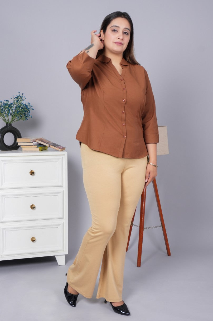 Beige stretchable biowash cotton lycra flare legging pants with superior elastic belt.