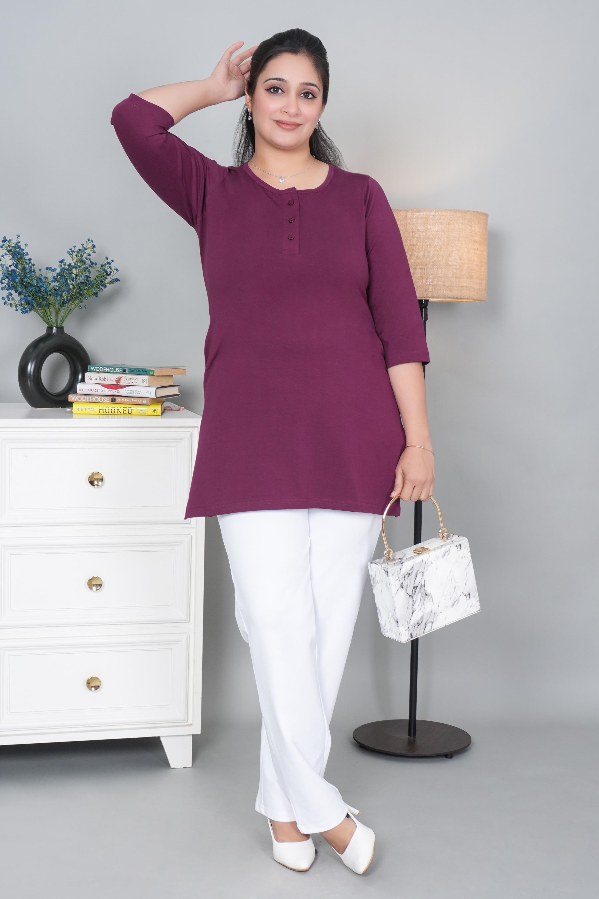 Plum long round neck henley cotton lycra t-shirt with pockets
