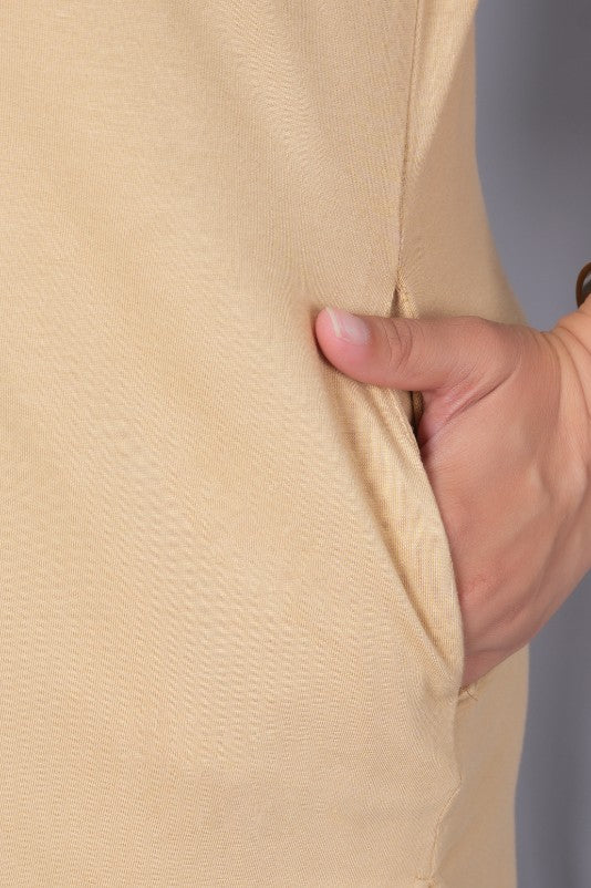 Beige long round neck cotton lycra t-shirt with pockets