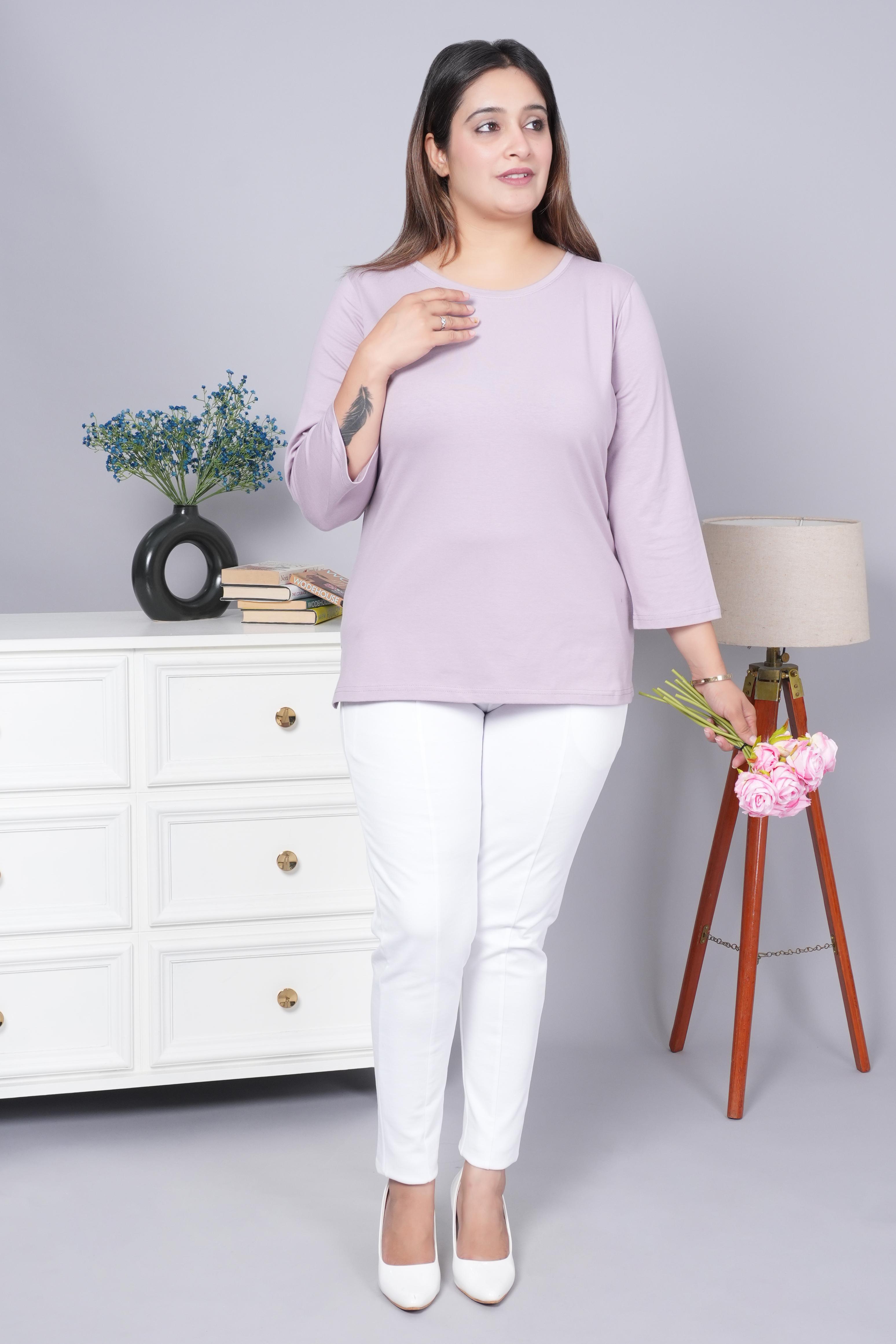 Lilac Round Neck Cotton Lycra 3/4 Sleeve T Shirt
