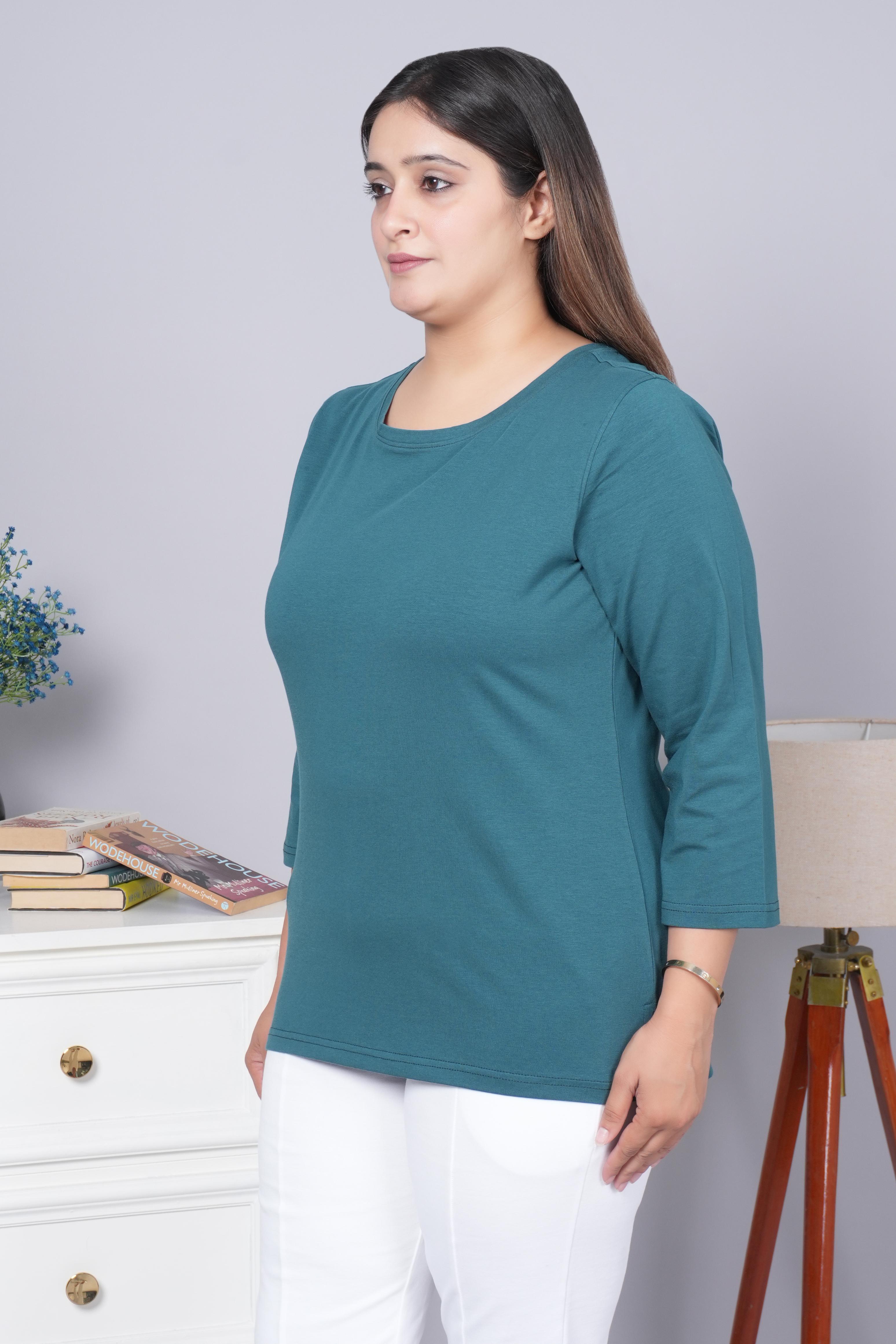 Teal Round Neck Cotton Lycra 3/4 Sleeve T Shirt