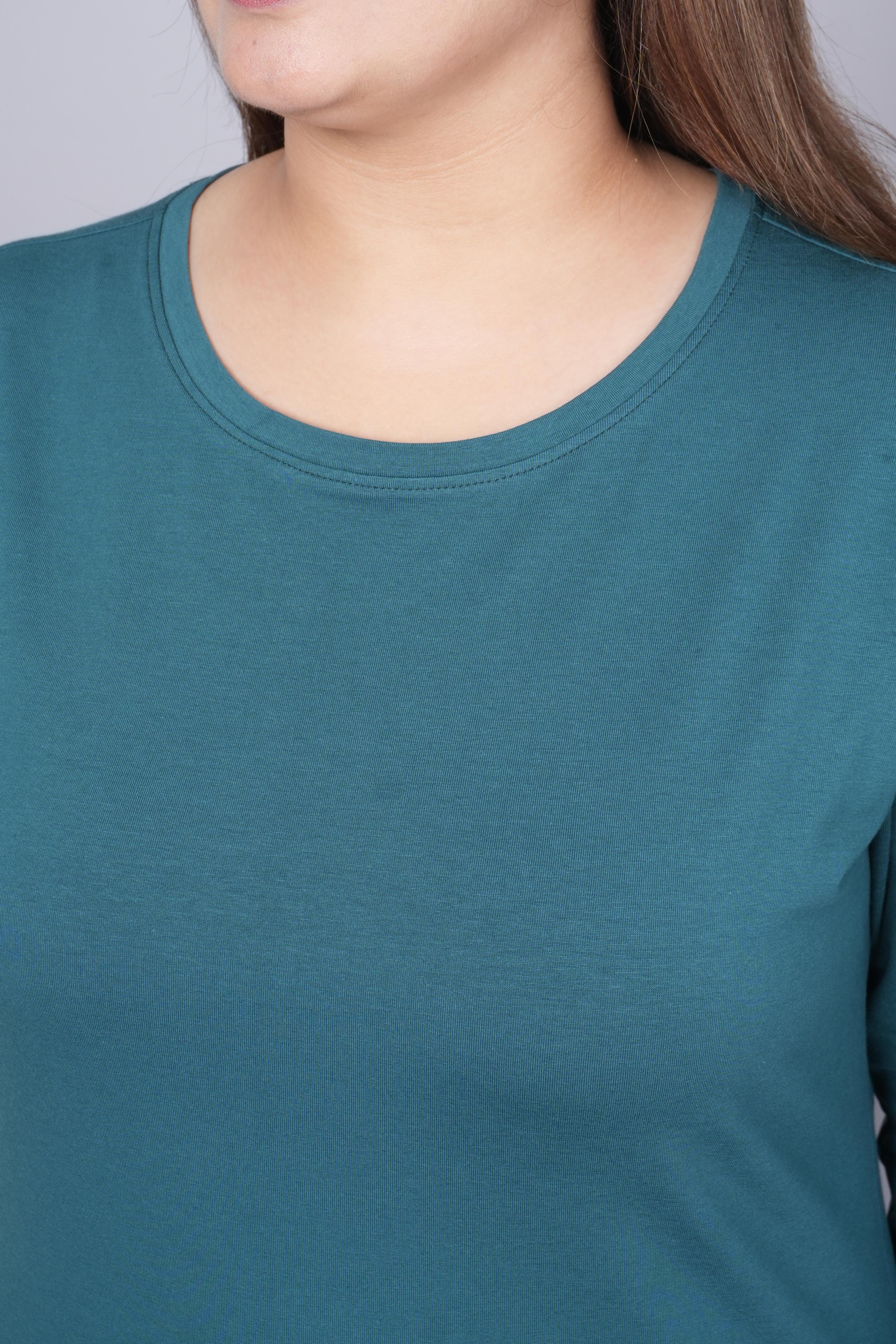 Teal Round Neck Cotton Lycra 3/4 Sleeve T Shirt