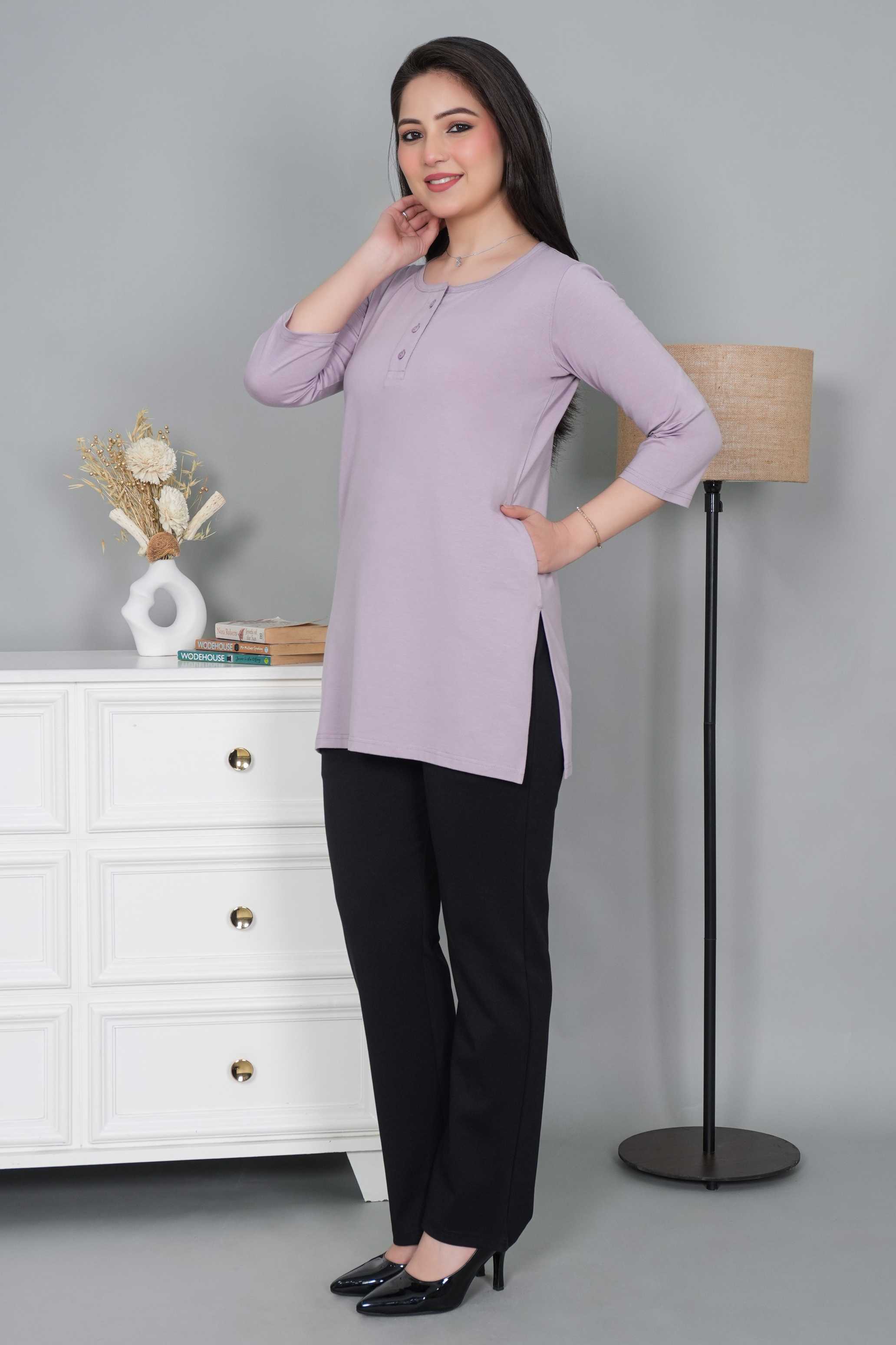 Lilac long round neck henly cotton lycra t-shirt with pockets