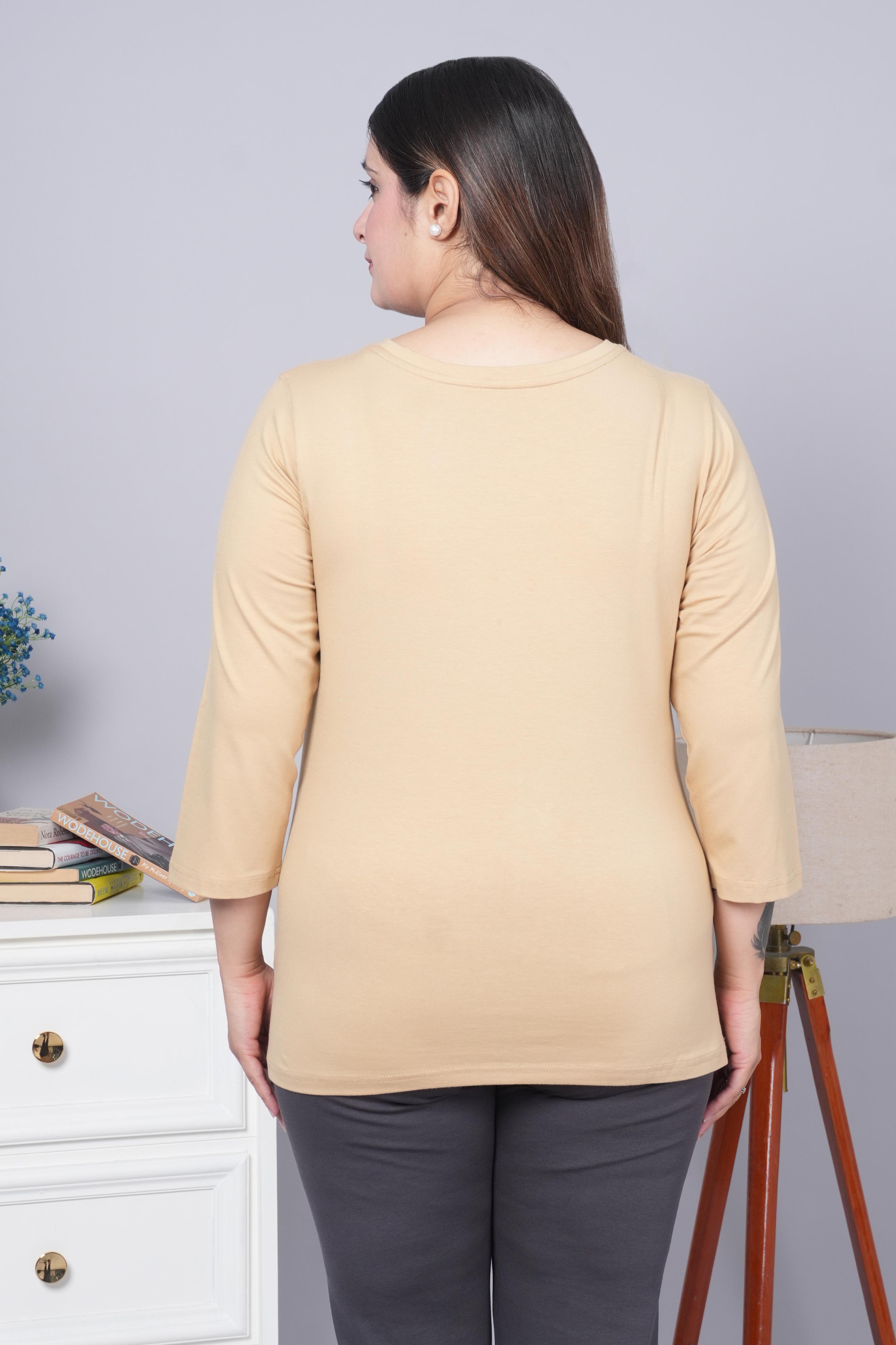 Beige Round Neck Cotton Lycra 3/4 Sleeve T Shirt