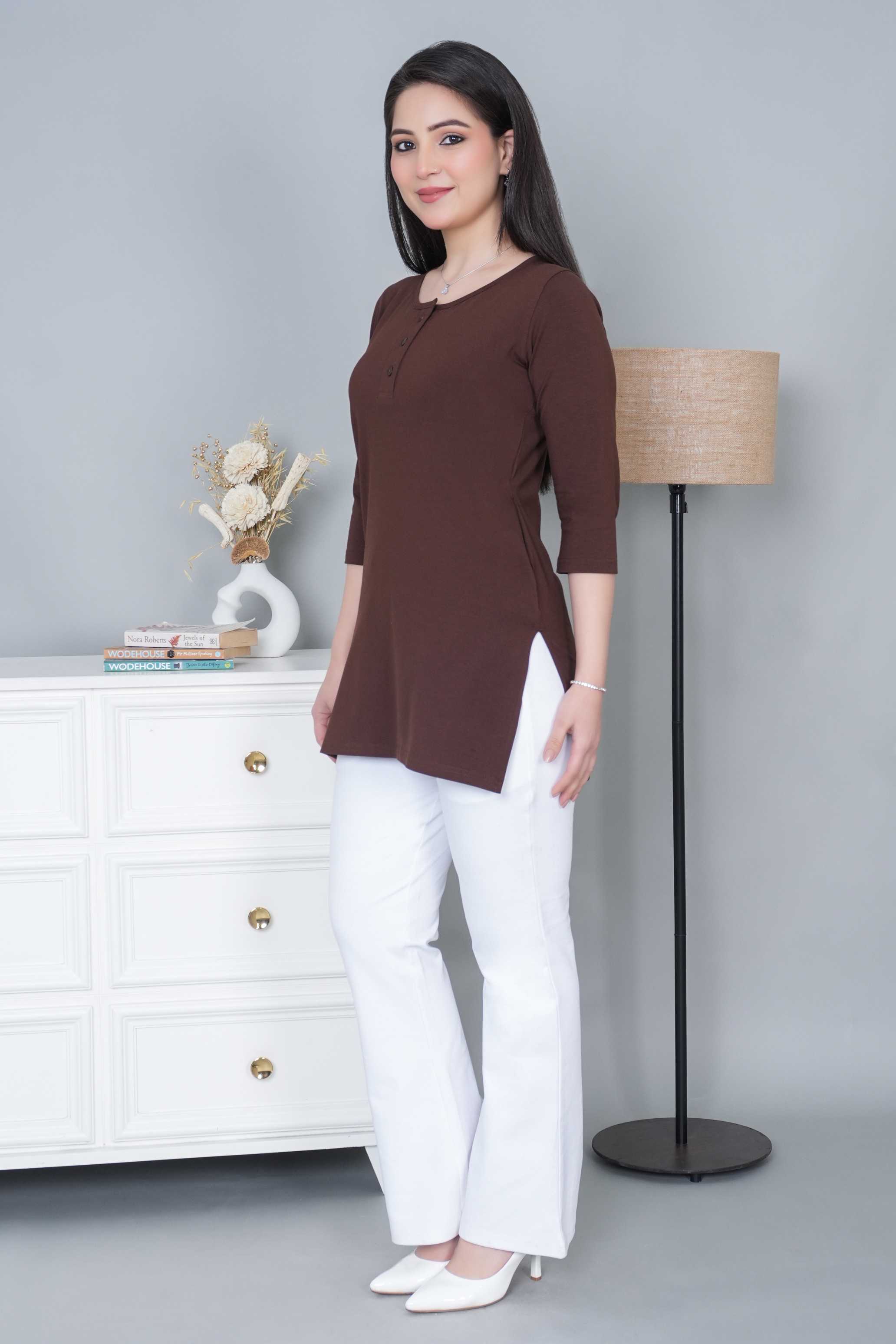 Coffee long round neck henley cotton lycra t-shirt with pockets