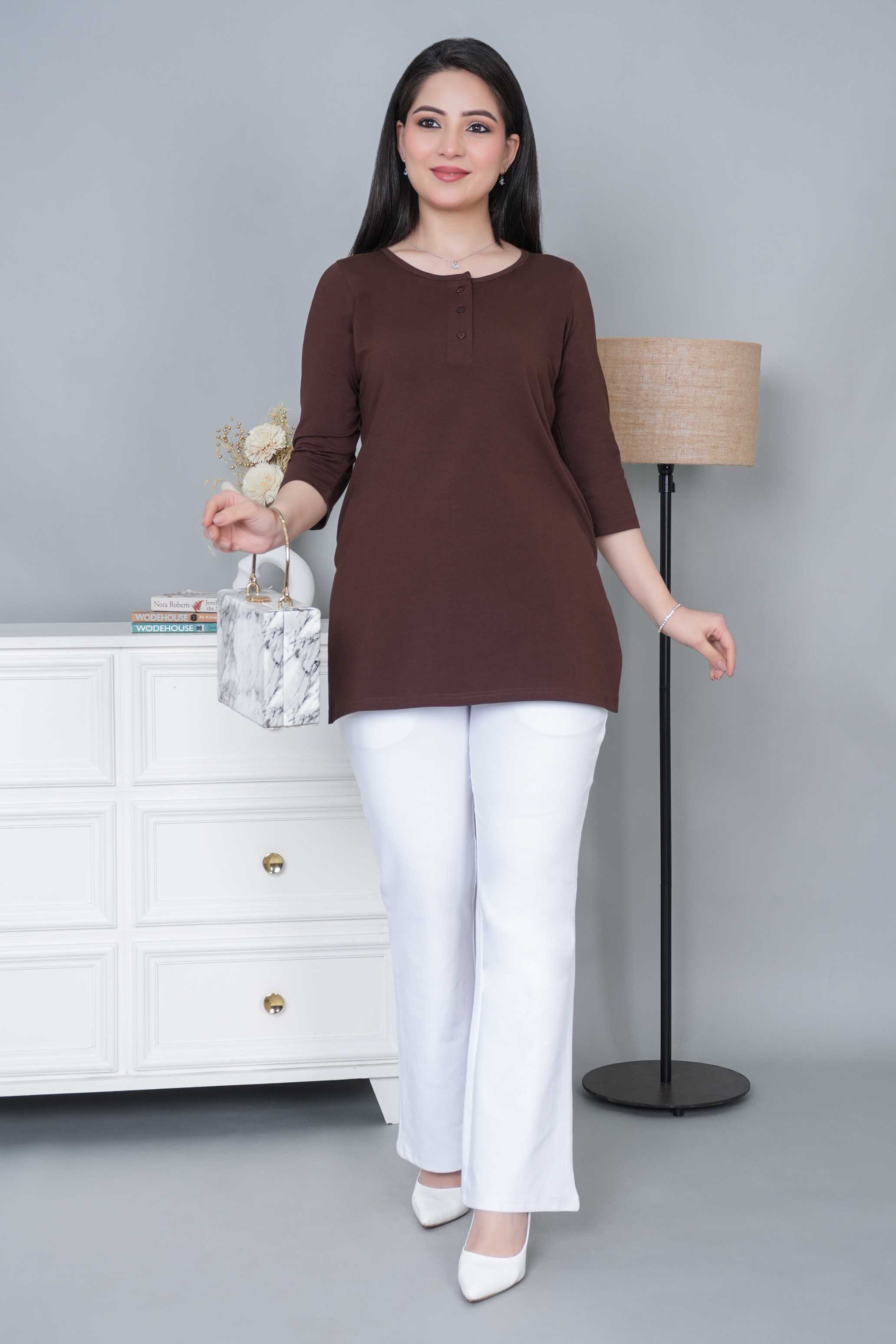 Coffee long round neck henley cotton lycra t-shirt with pockets