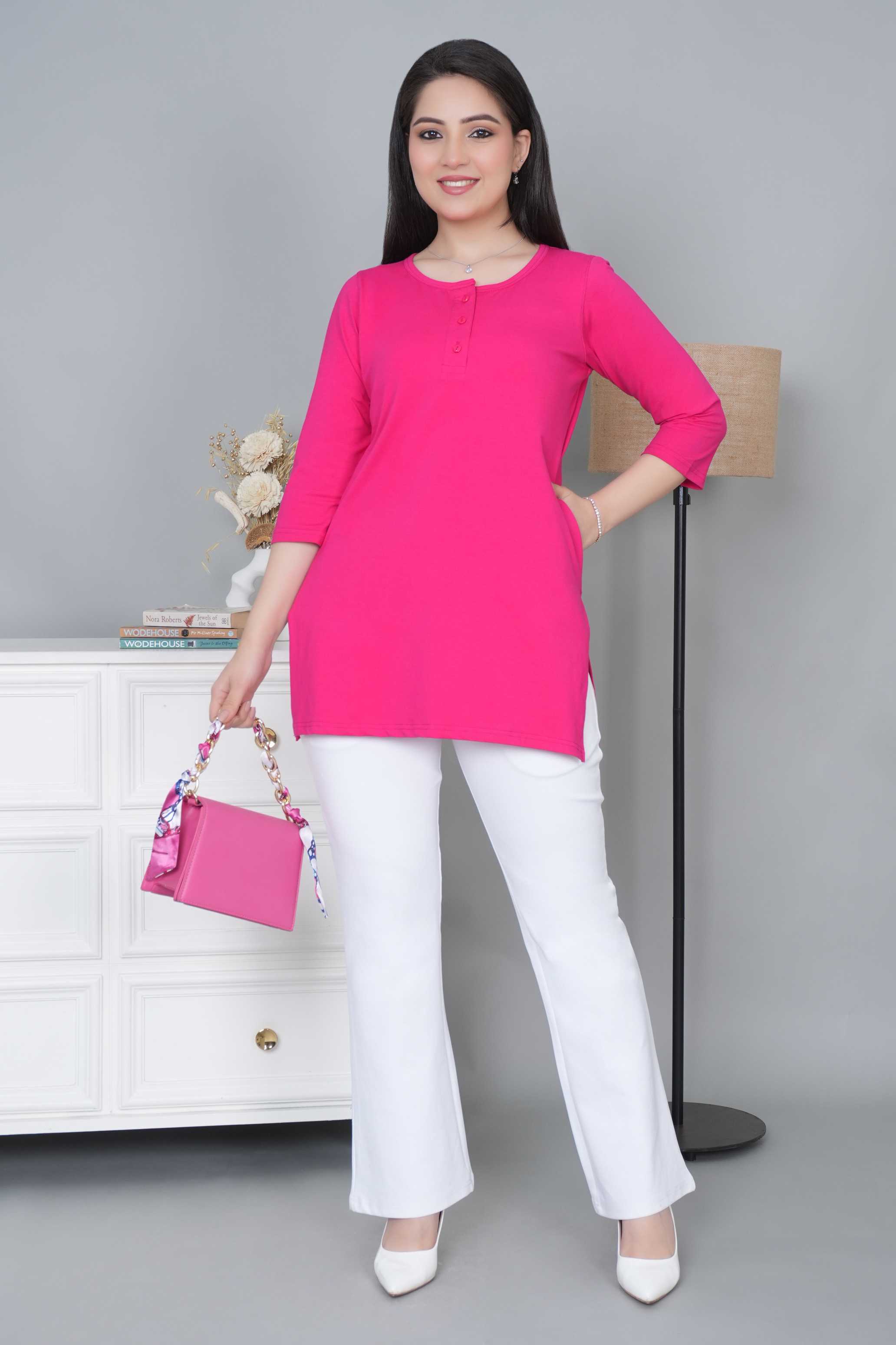 Pink long round neck henley cotton lycra t-shirt with pockets