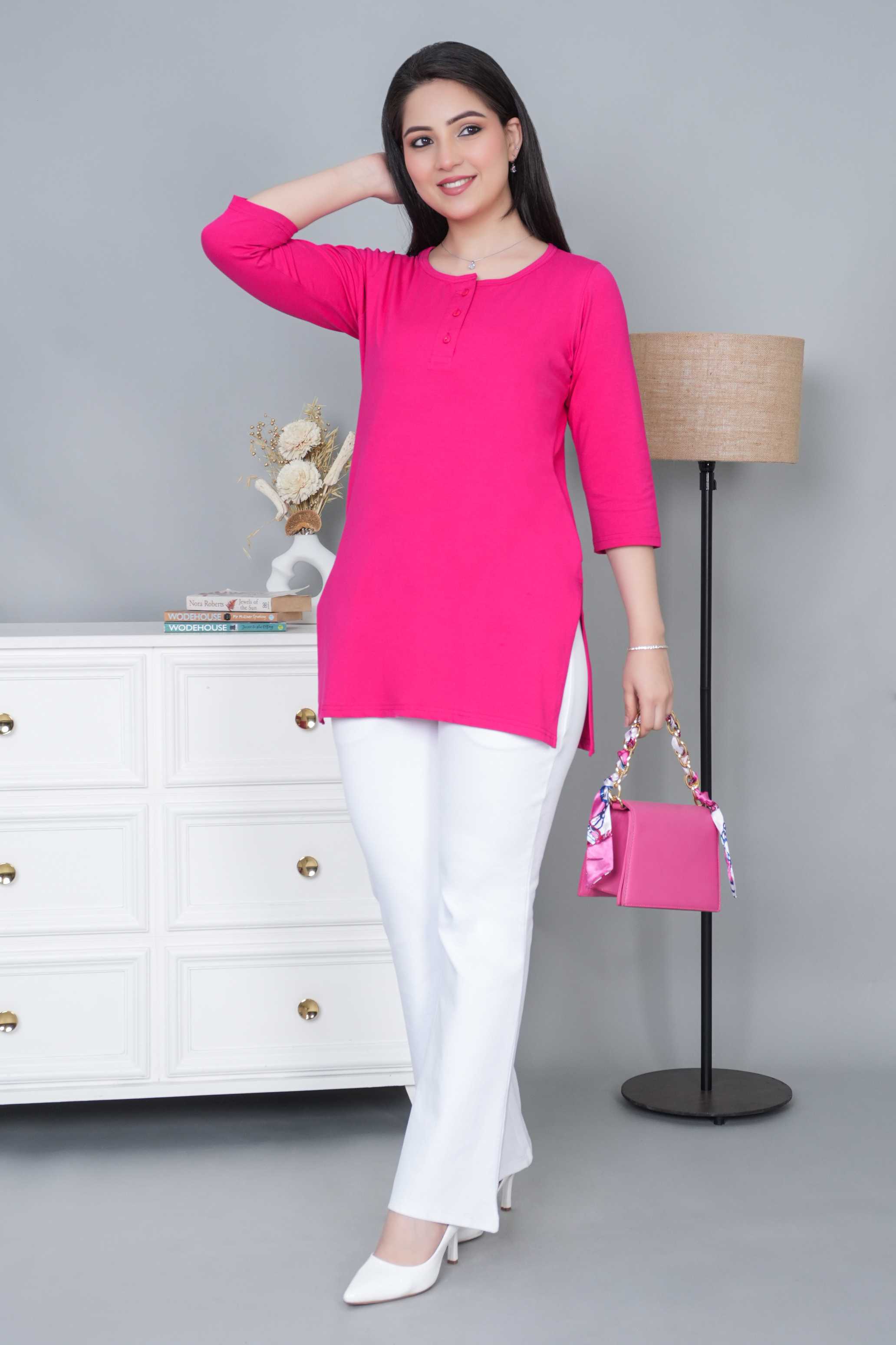 Pink long round neck henley cotton lycra t-shirt with pockets