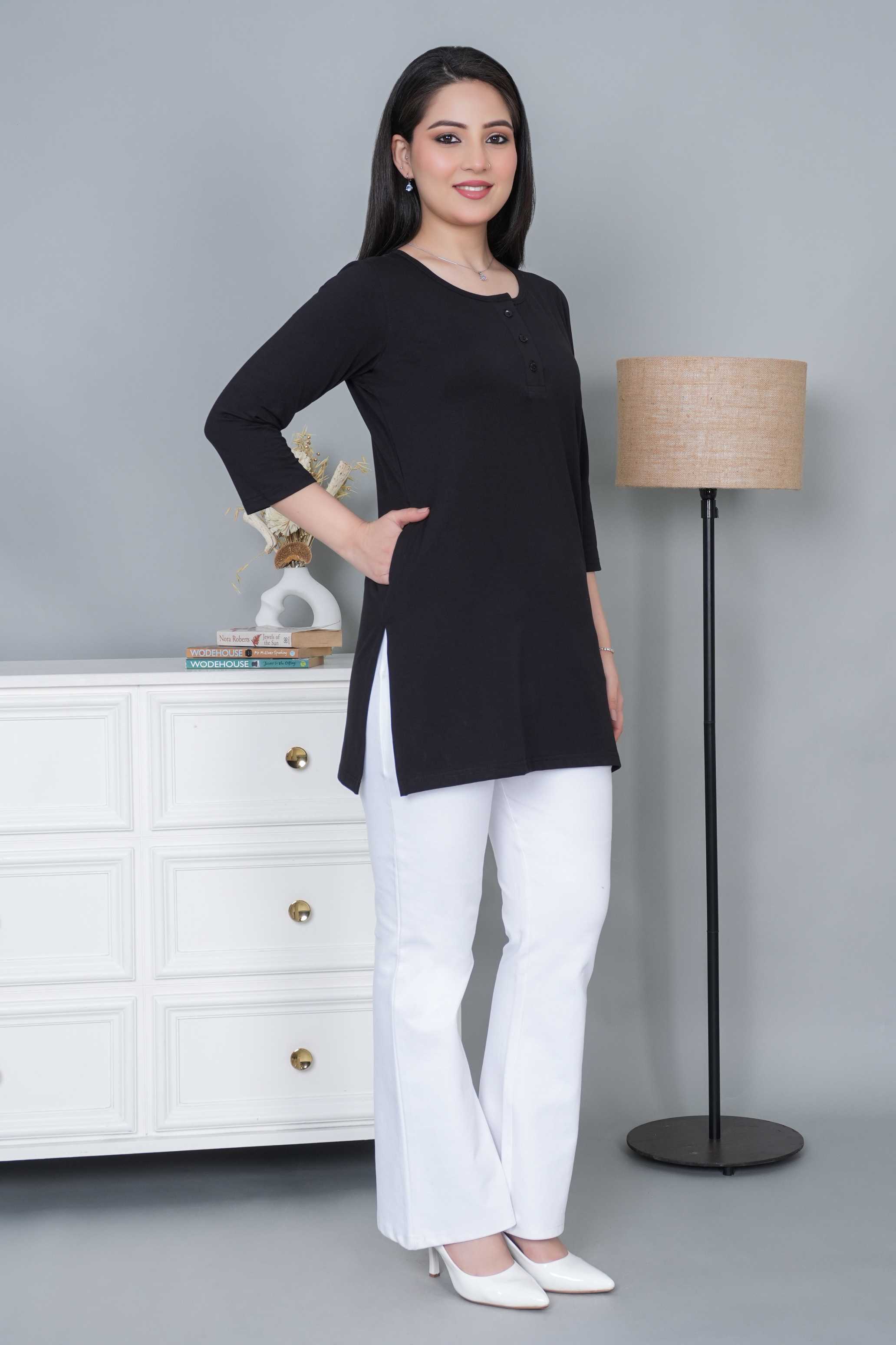 Black long round neck henley cotton lycra t-shirt with pockets