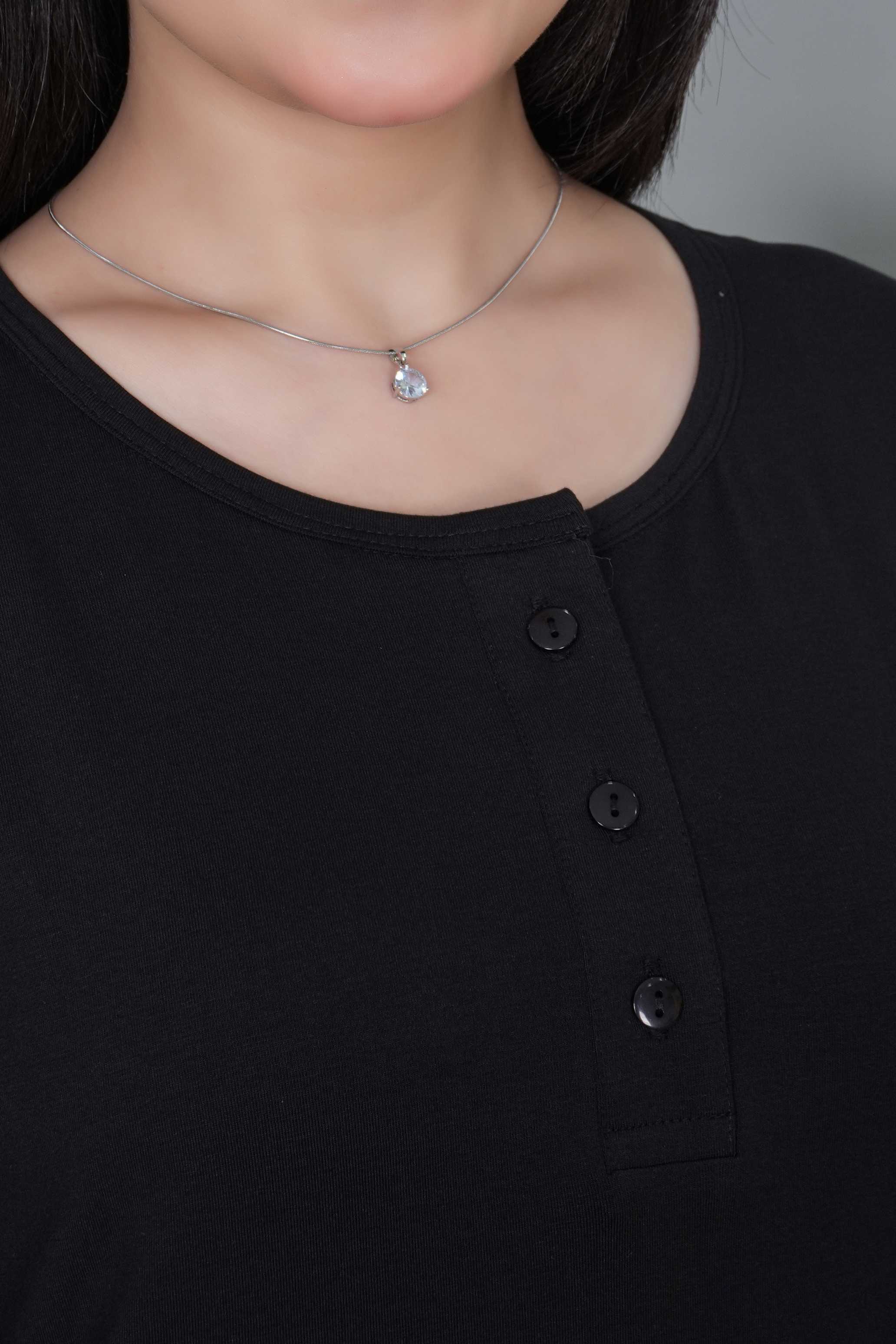 Black long round neck henley cotton lycra t-shirt with pockets