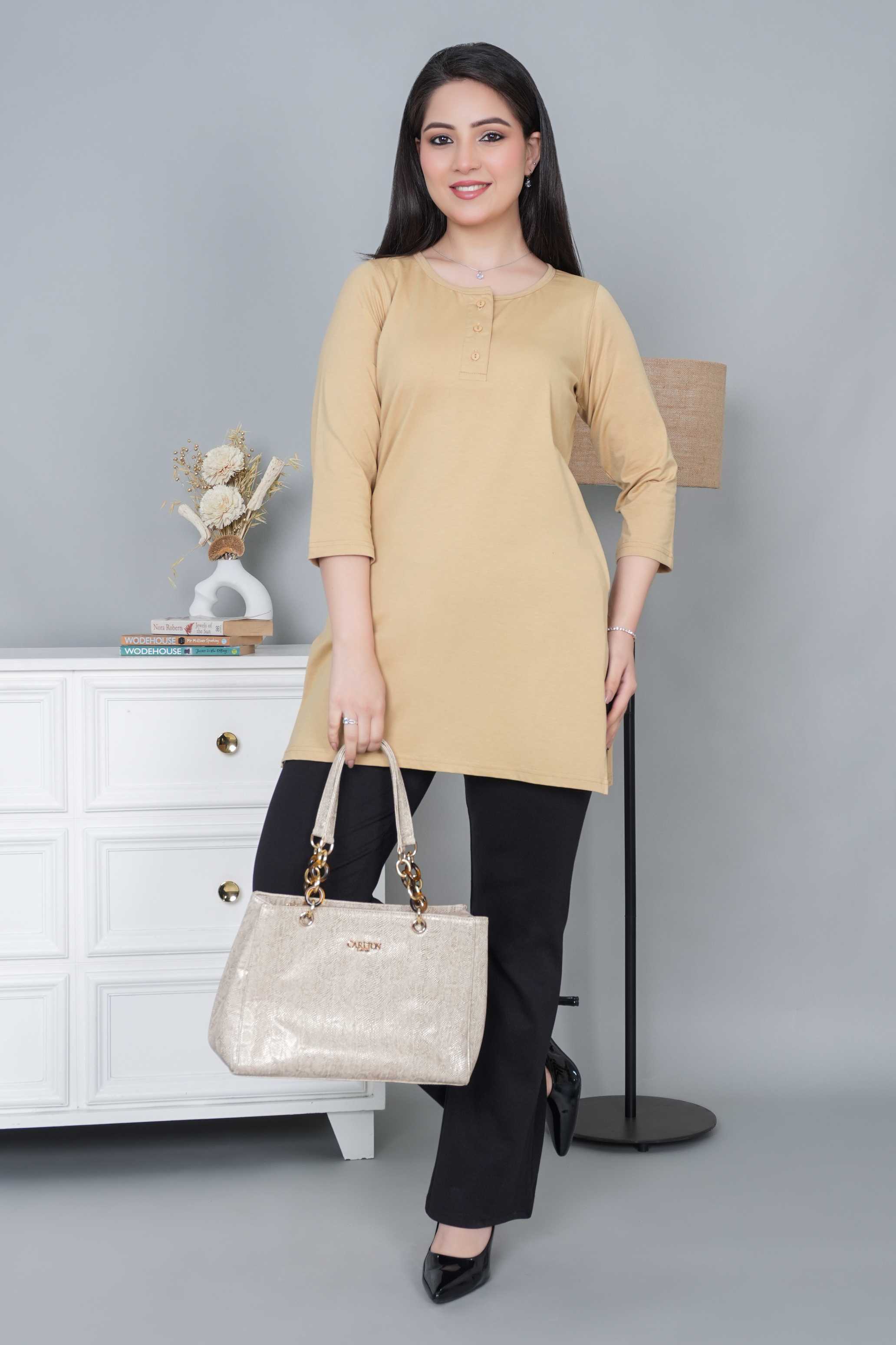 Beige long round neck henley cotton lycra t-shirt with pockets