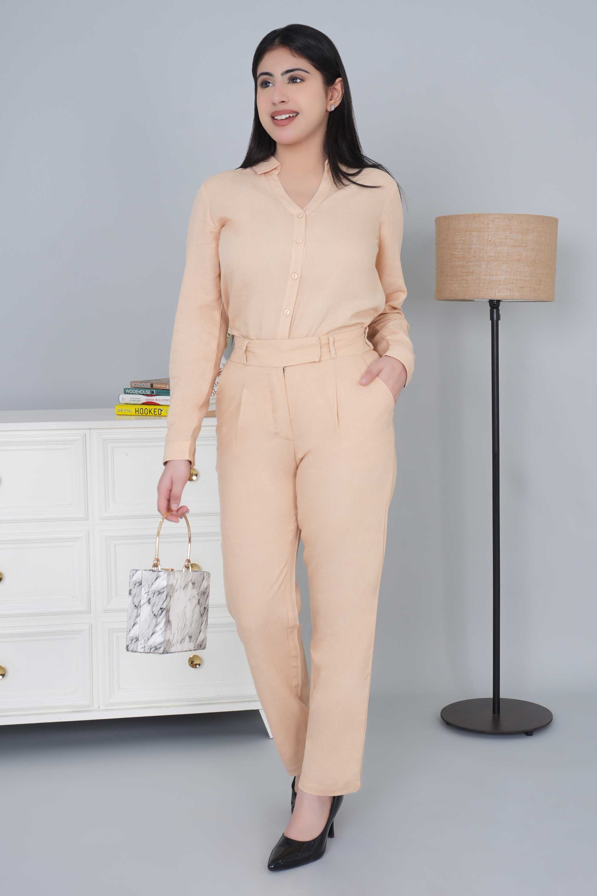 Beige cotton linen straight fit pant