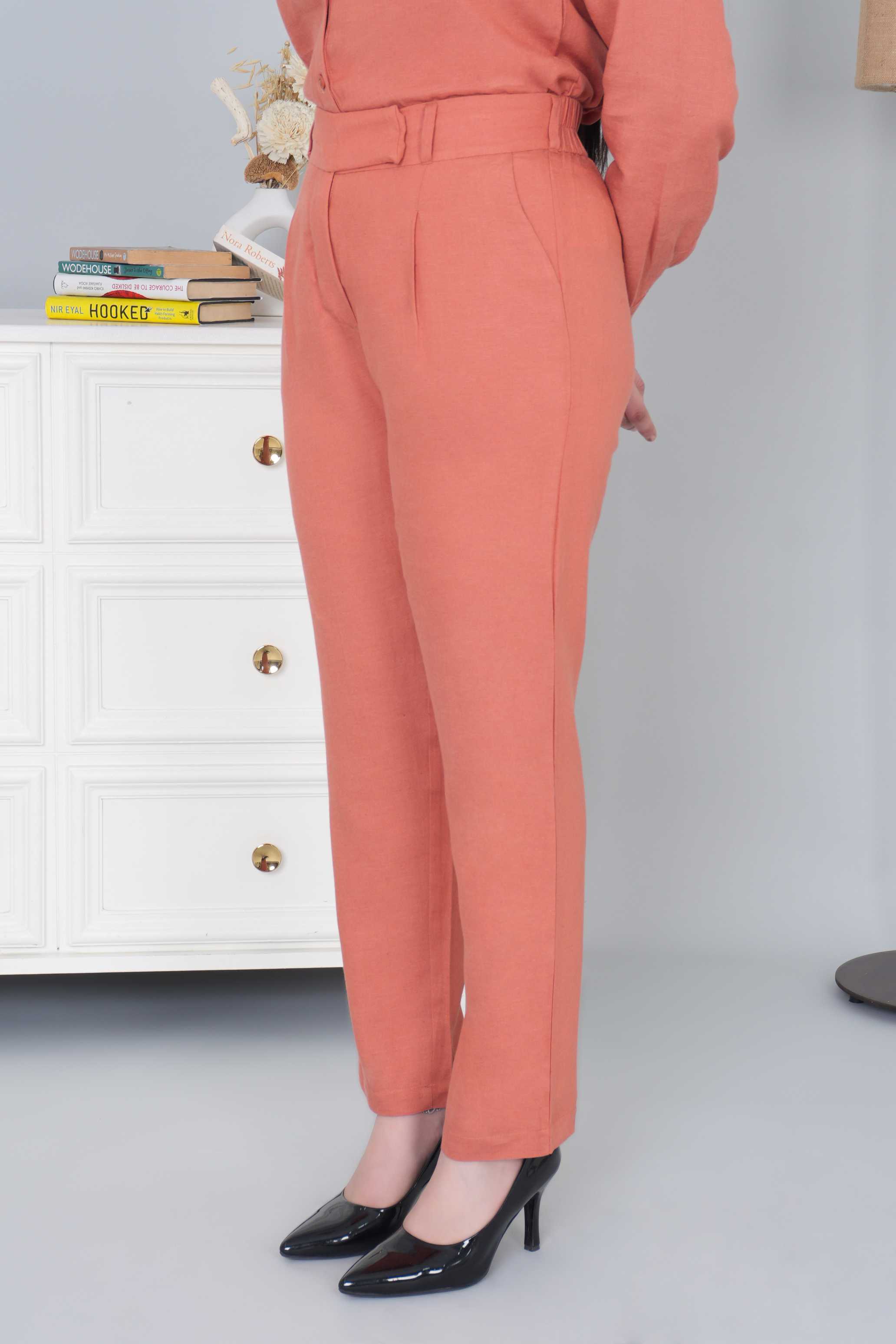 Rust cotton linen straight fit pant