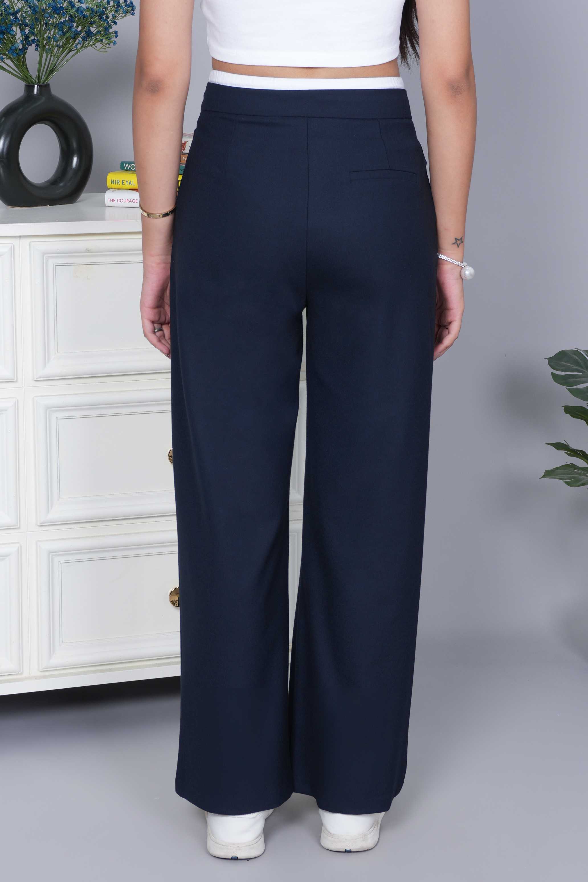 Dark navy high waist belted trouser with spandex