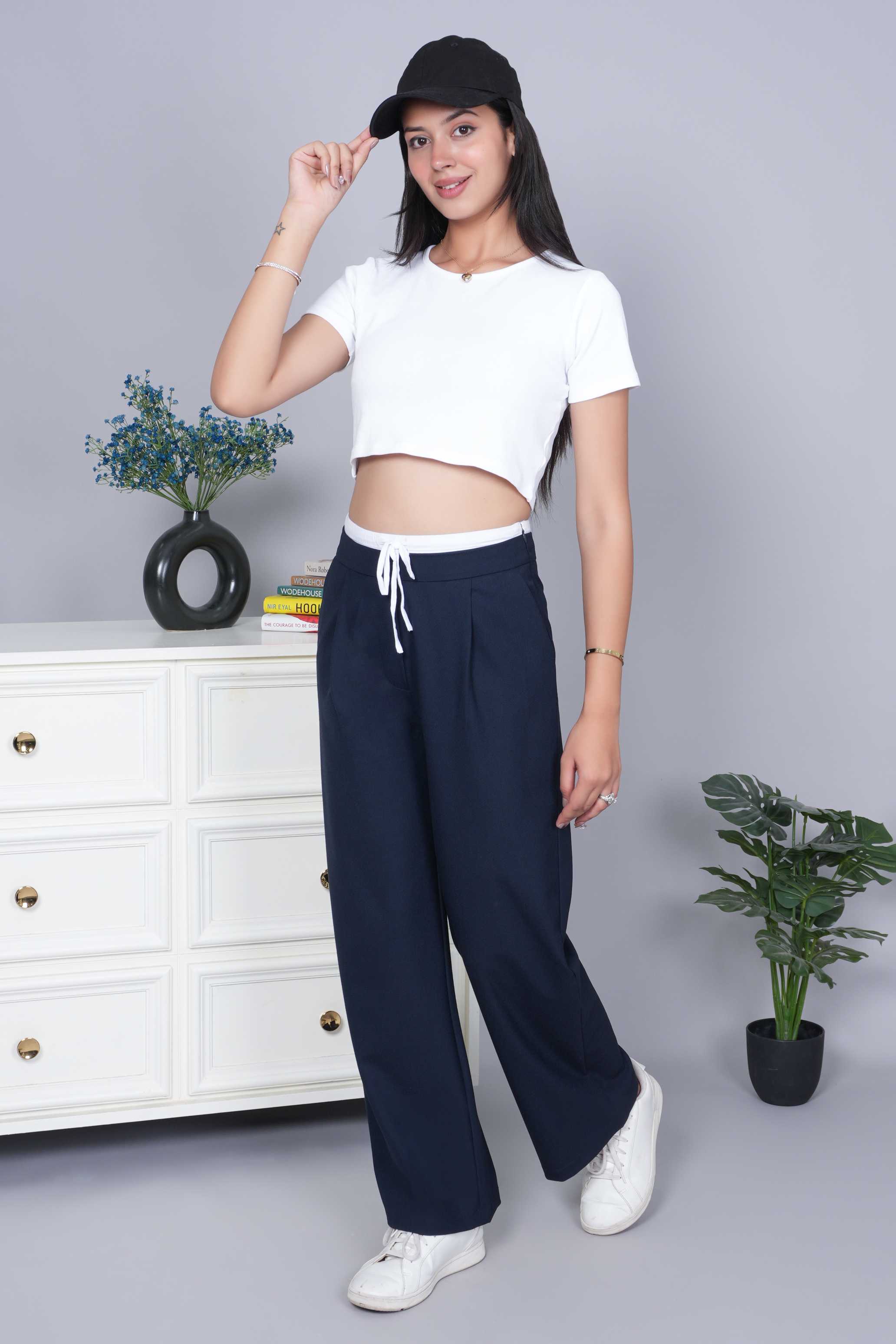 Dark navy high waist belted trouser with spandex