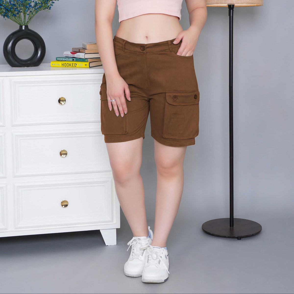 Olive stretchable biowash USA HQ cotton travel shorts with superior elastic belt.