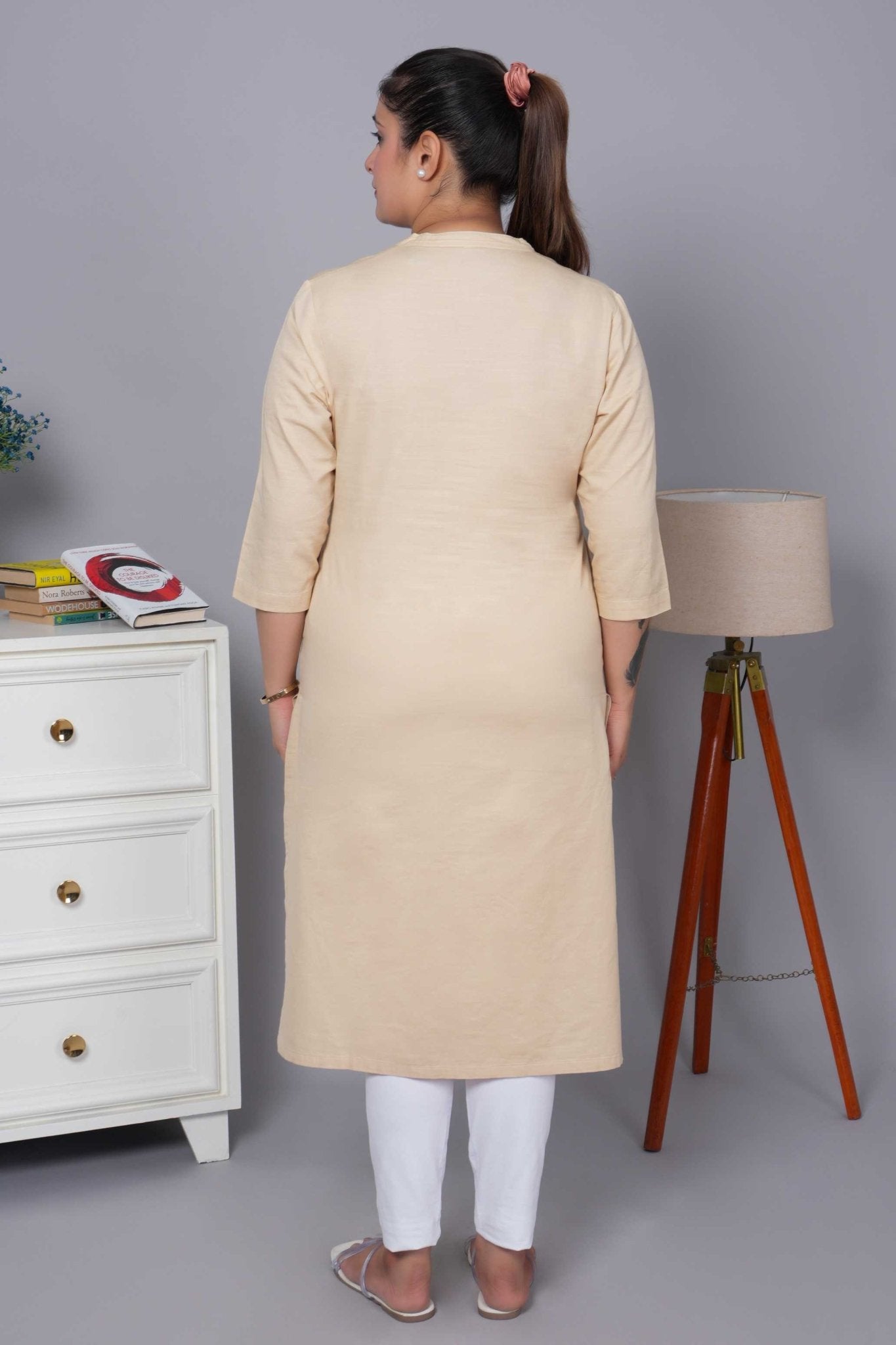 Beige 100% Premium Cotton Long Kurta - Long kurta