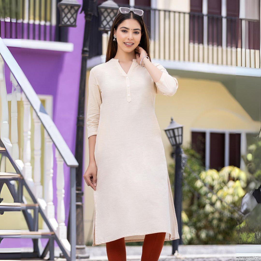Beige 100% Premium Cotton Long Kurta - Long kurta